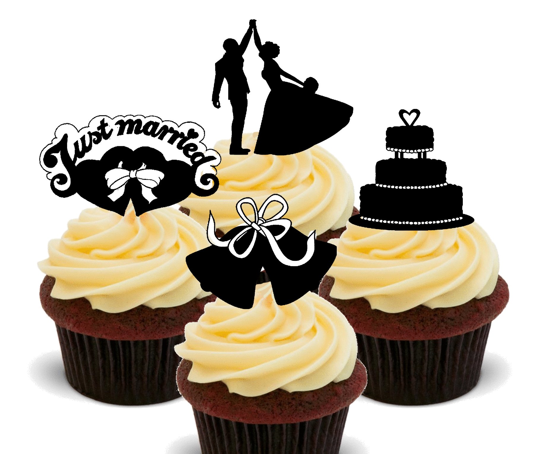 Made4you Just Married - Wedding Silhouettes Edible Cupcake Toppers - Stand-Up Wafer Cake Decorations (Pack Of 12)