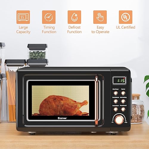 Miniatura 2 de COSTWAY Horno microondas retro para encimera, 0.7 pies cúbicos, 700 vatios, alta eficiencia energética, 5 micro potencia, función de arranque