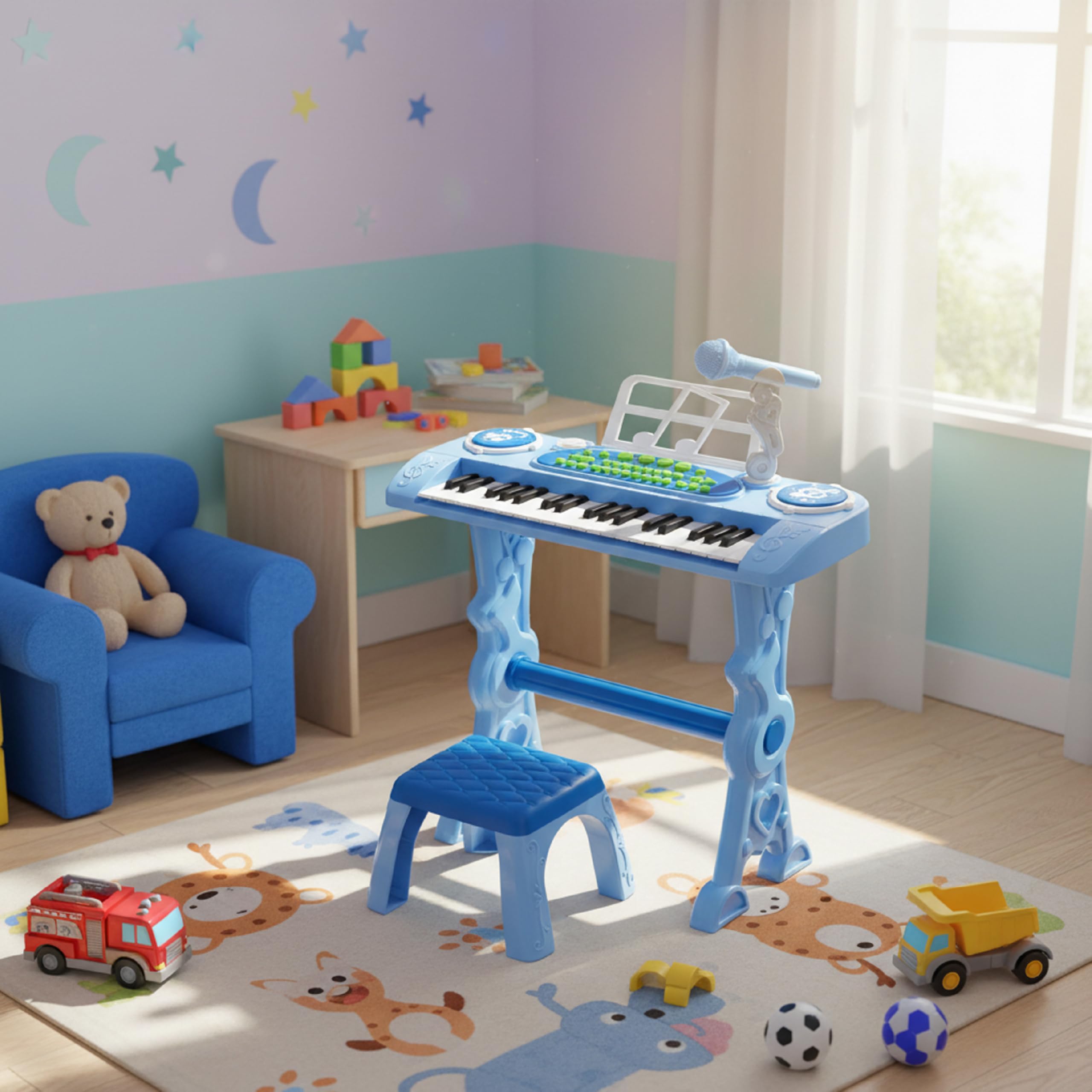 Baroni Toys Tastiera Elettronica con Sgabello per Bambini 3+ Anni con Microfono, Pianola Musicale con Melodie e Suoni Educativi, Tastiera 37 Tasti con Sedia Azzurra, 48x20x53cm