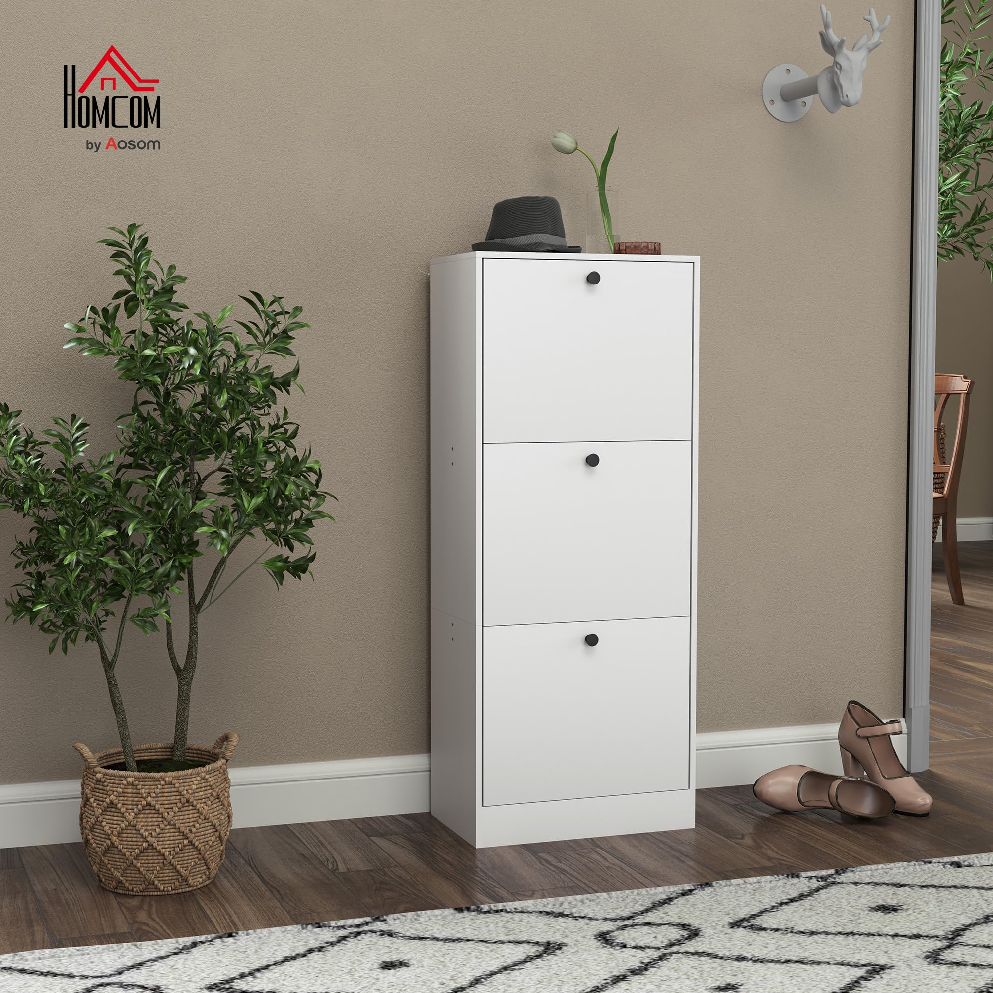 HOMCOM Schuhschrank mit 3 Klappen für 12 Paar Schuhe 47 x 28 x 115 cm Weiß