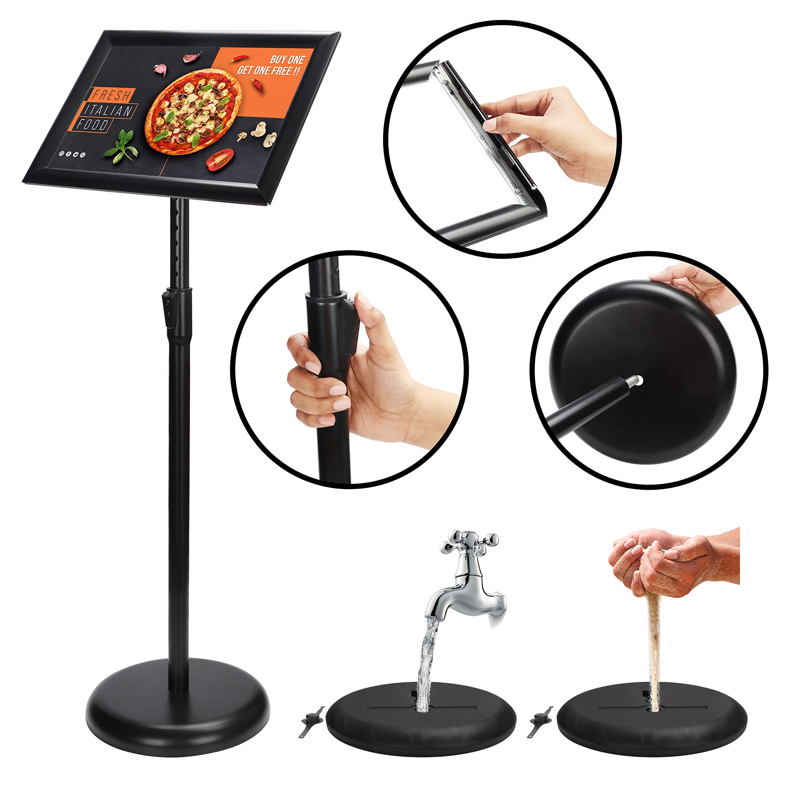 BELLE VOUS Expositores de Pie A4 Negro – Soporte para Poster de Aluminio de Pedestal – Marco para Vista en Vertical y Horizontal - Atril Ajustable para Bodas, Exhibiciones, Tiendas y Restaurantes