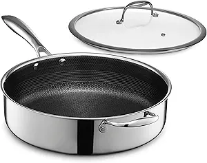 HexClad Hybrid Nonstick 5.5-Quart Deep Sauté Pan with Tempered Glass Lid, Stay-Cool Handle, Dishwasher-Friendly, Oven-Safe Up to 900°F, Induction Ready, Compatible with All Cooktops