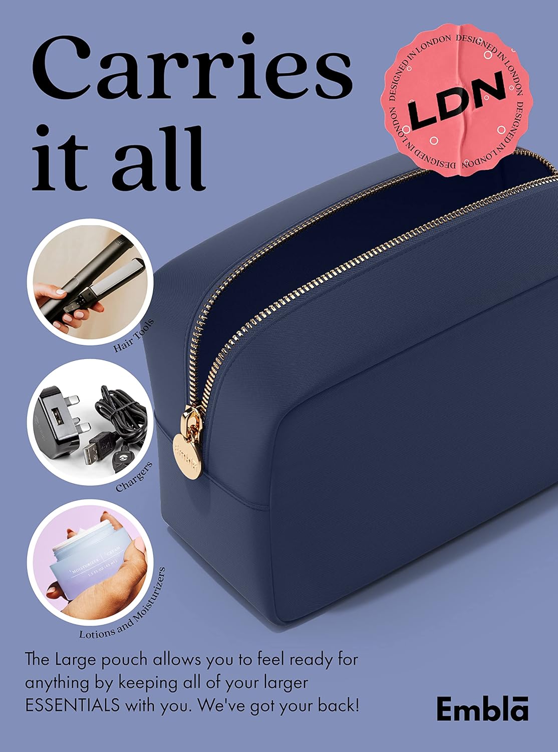 Embla Makeup Bag Travel Cosmetics Pouch and Toiletry Bag, Nylon Zipper Pouch Purse, Cute Make Up Organizer Storage Tote for Women Girls, Travel Skincare Case, Large Makeup Bags, Sapphire - Image 5