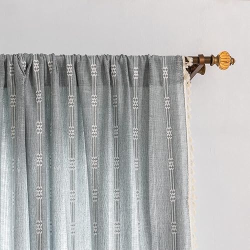 Miniatura 6 de Juego de 2 paneles de cortinas de lino semiopacas, bohemias y rústicas, con rayas bordadas y borlas, para sala de estar, 52" de ancho x 96" de