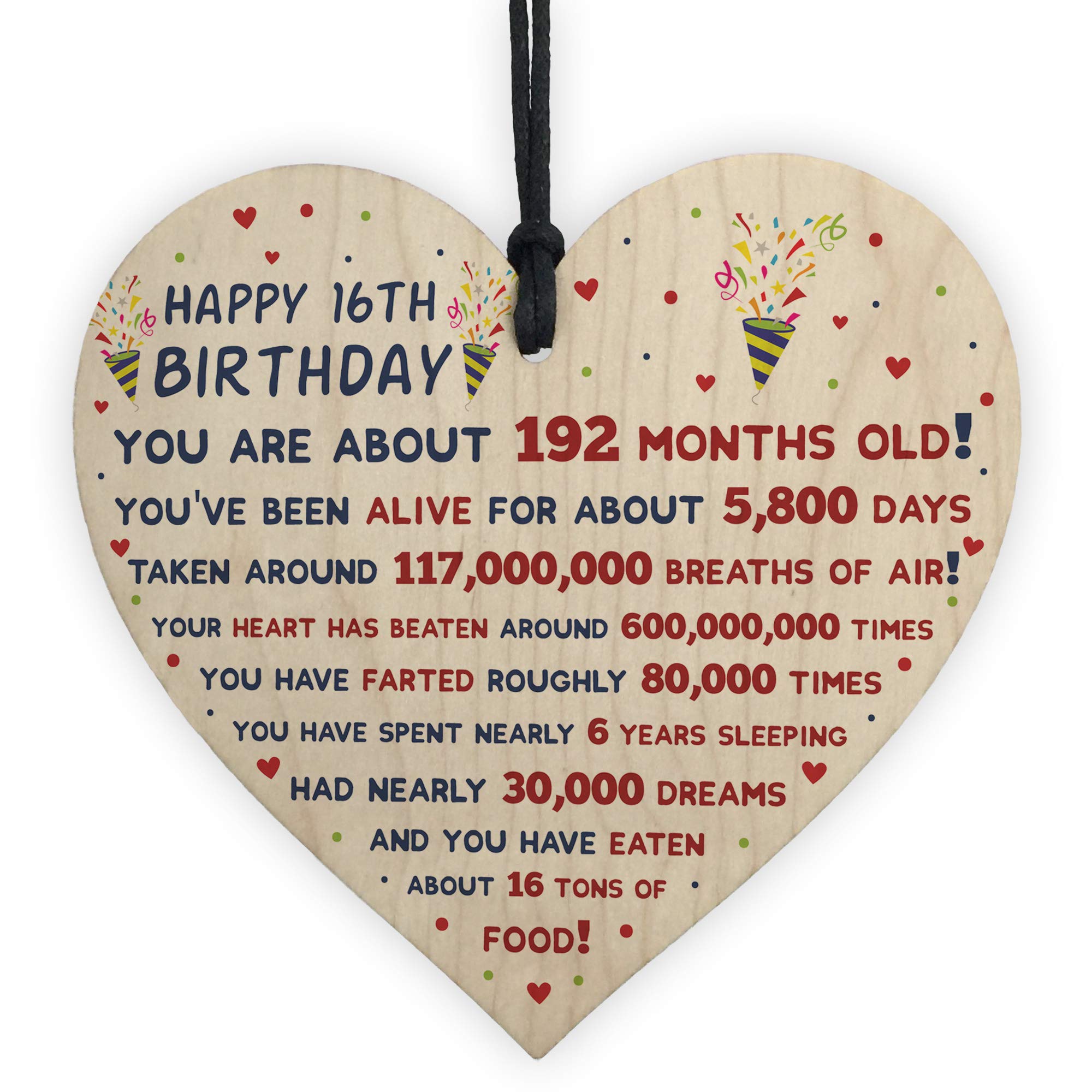 Red Ocean Multicolor 16Th Birthday Gift For Daughter Son 16Th Birthday Facts Wooden Heart Keepsake Gift