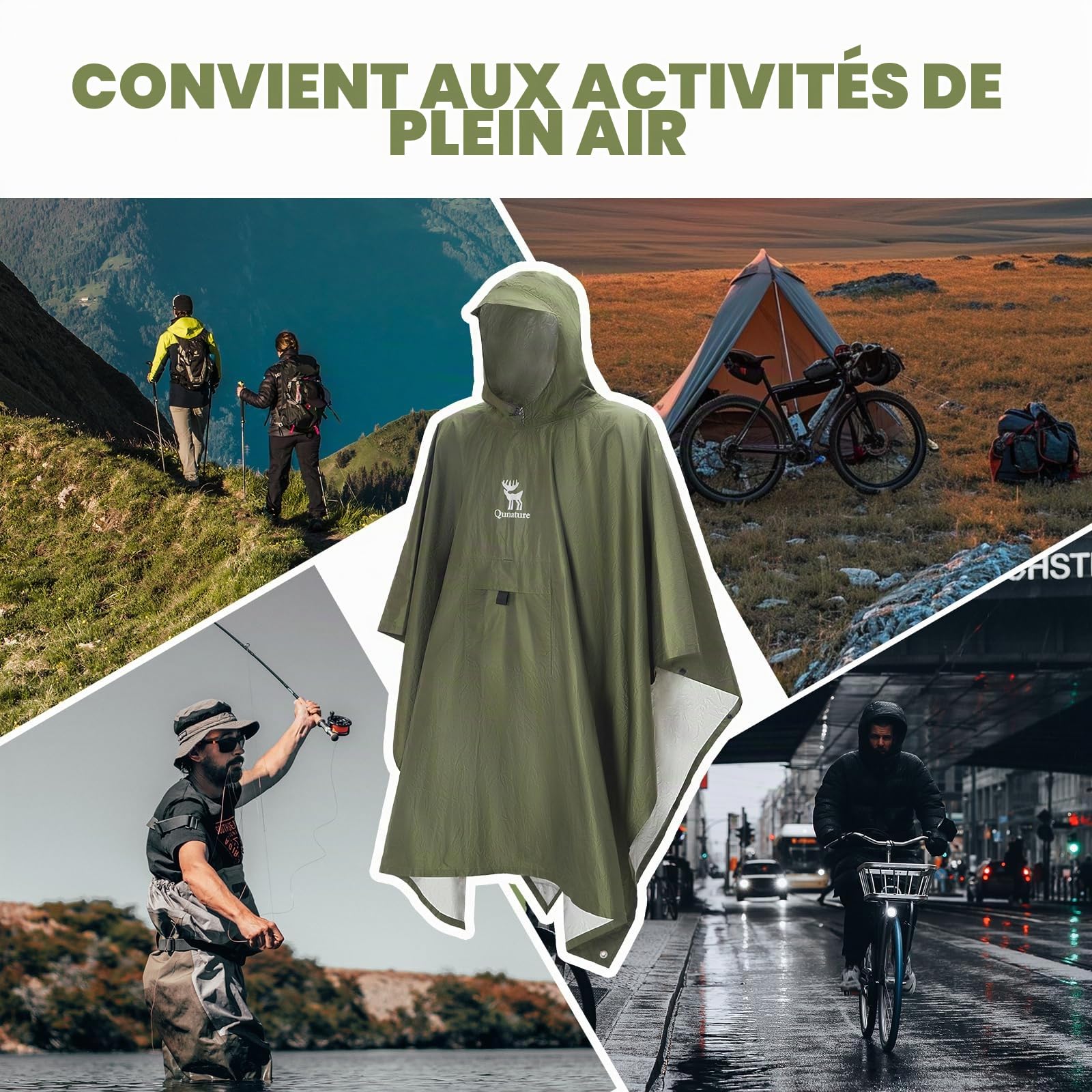 Poncho de Pluie 3 en 1 Léger Imperméable avec Capuche – Couverture Sac à Dos Multifonction Portable pour Homme et Femme Vélo Randonnée Camping Extérieur