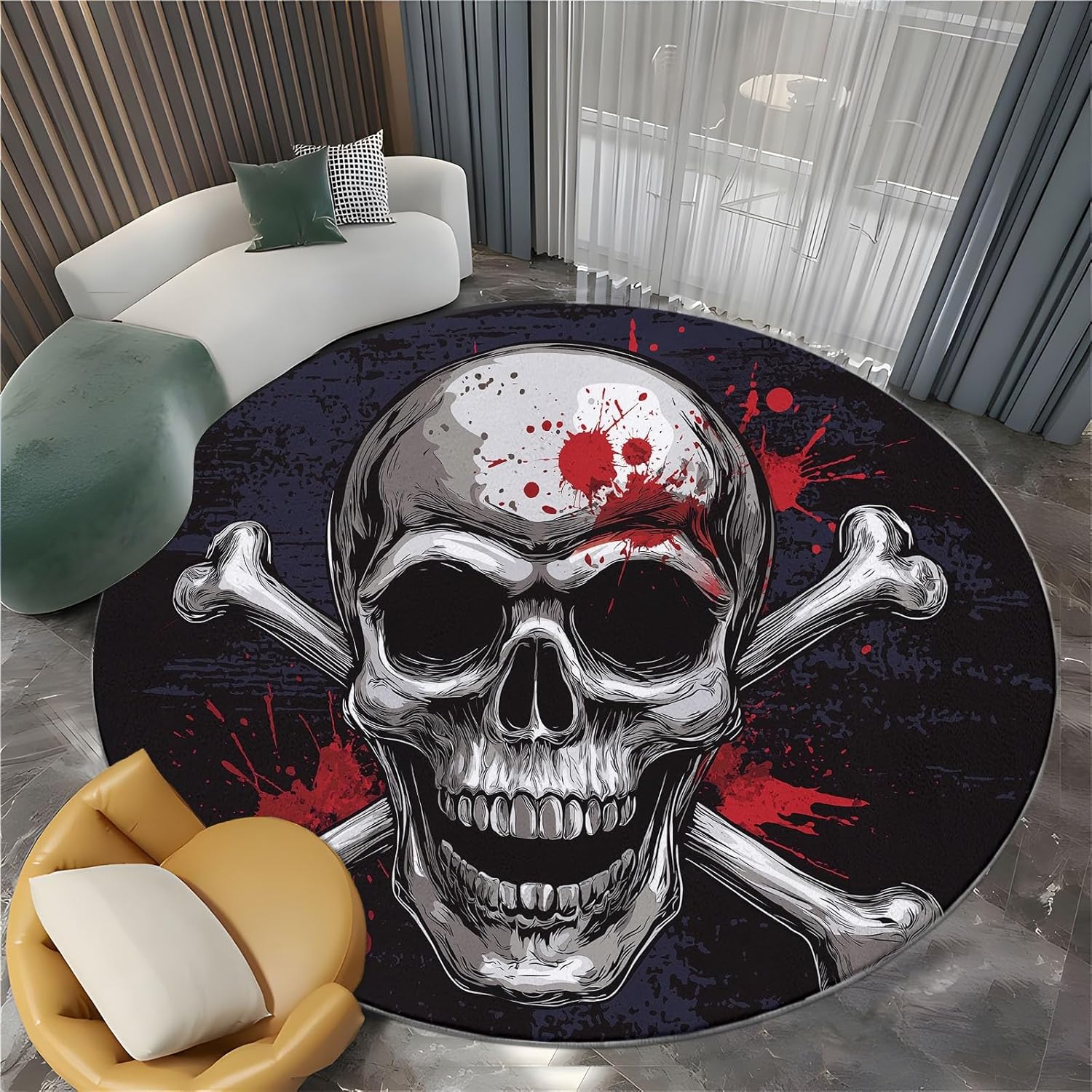 Black Washable Round Rugs - Non-Slip Round Rug 7ft Skull and Crossbones Rugs for Entryway Vintage Non-Slip Throw Carpet for Kitchen Bedroom Nursery