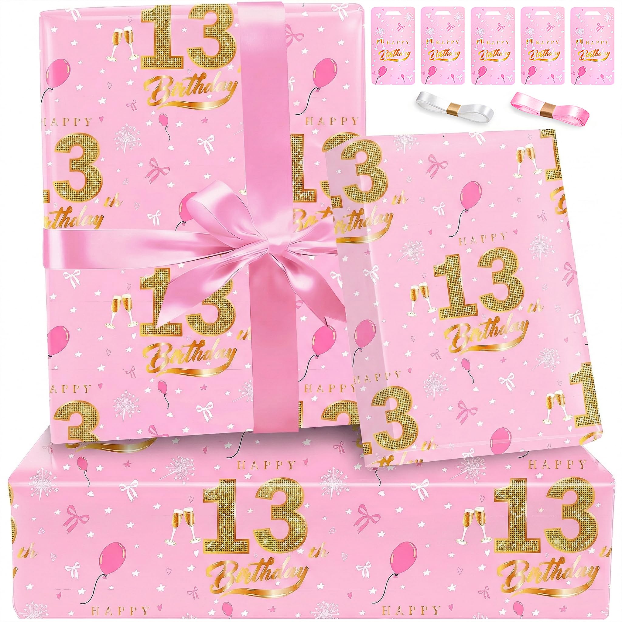 13th Birthday Wrapping Paper for Girls, Premium Pink Gold Gift Wrapping Paper Gift Wrap Birthday Paper Wrapping Present Wrap for Birthday Gift Decorations, 5 Sheets Pink Gold