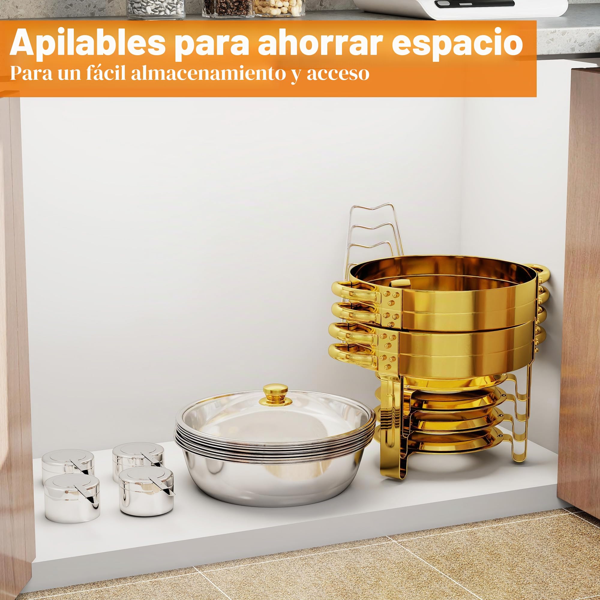 Juego de 4 Fuentes Redondas Calentadores de Platos, 4.5L Chafing Dish con Tapa Transparente, Calentador de Alimentos Buffet de Acero Inoxidable para Fiestas, Bodas y Eventos de Catering | Platos de acero inoxidable para bufé, con utensilios de servir, api