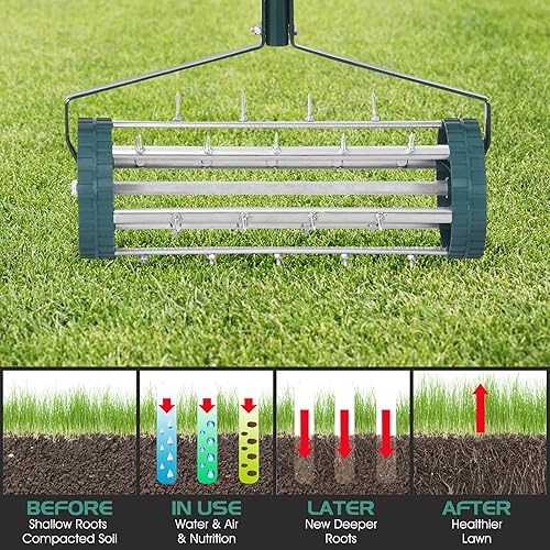 Miniatura 3 de Hysache - Aireador de césped rodante, herramienta de jardinería con mango largo de acero de 3 piezas para mantenimiento de césped y patio