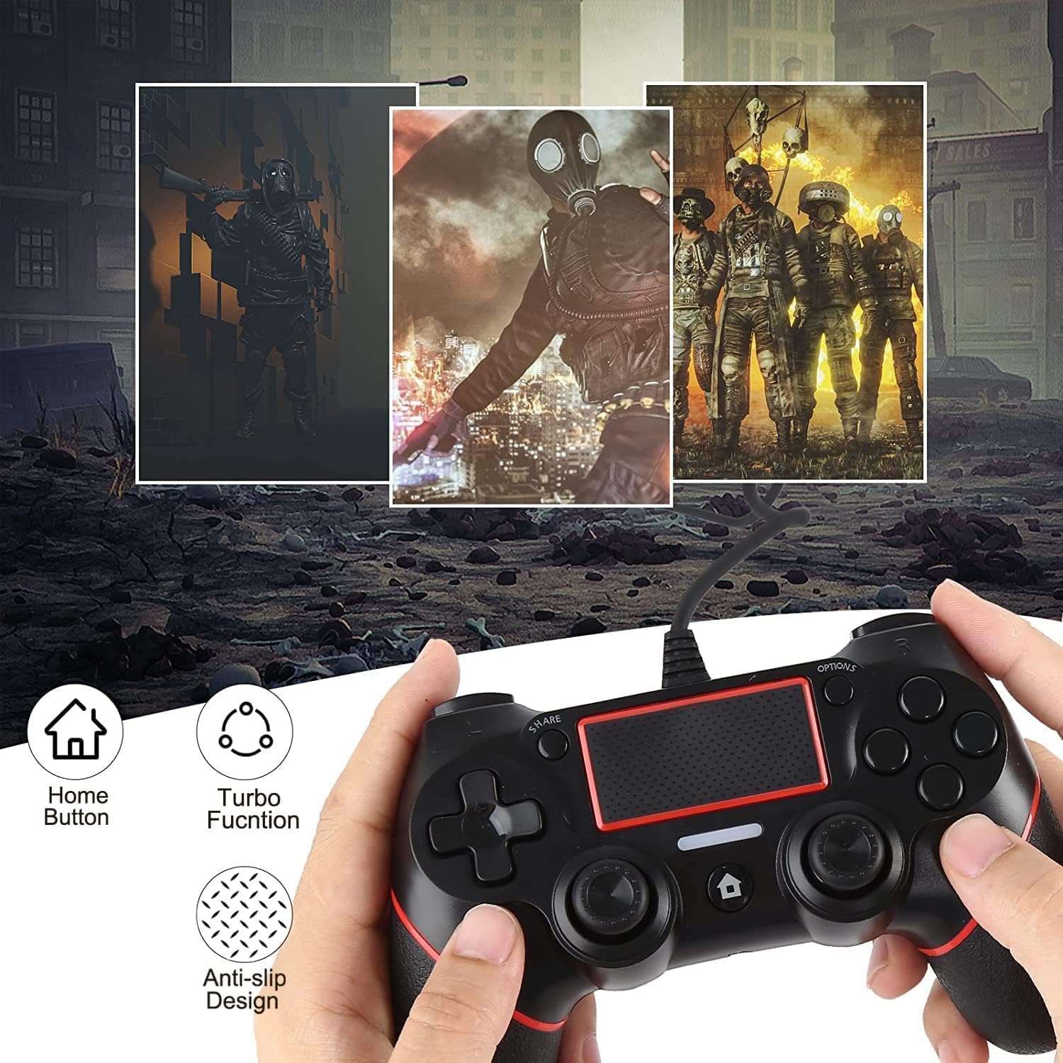 Intckwan Kabelgebunden Game Controller für PS-4 / Pro/Slim/Laptop/PC(win7/8/10), Wired Gamepad Joystick mit Vibration und Anti-Rutsch-Griff, Ergonomie(Schwarz & Rot)