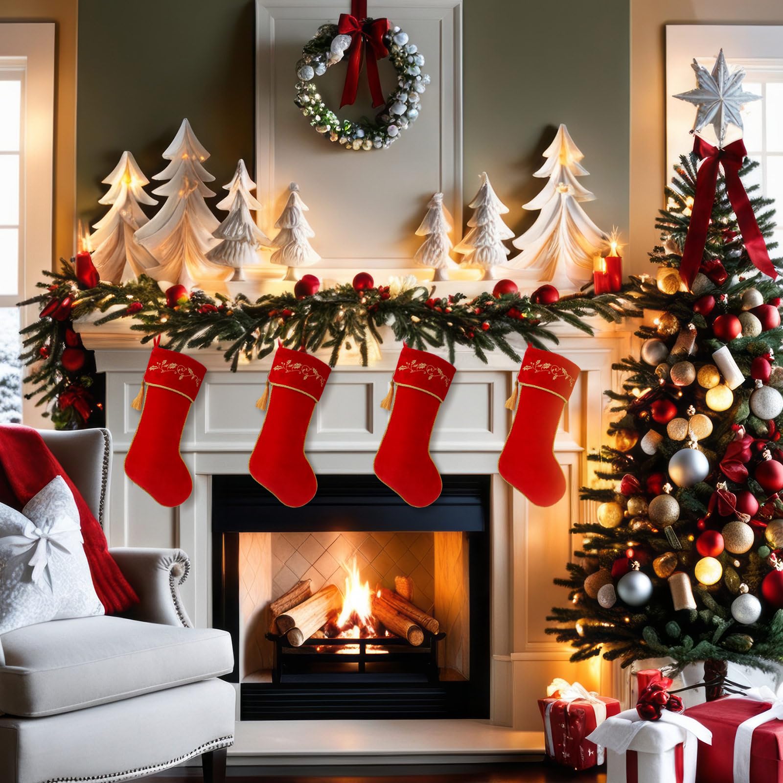 Kinlop 4 Stück 45,7 cm große rote Weihnachtsstrümpfe, Stechpalme, bestickt, Samt, Weihnachtsstrumpf, hängende dekorative Strumpf für Weihnachten, Familie, Kamin, Urlaub, Party-Dekorationen
