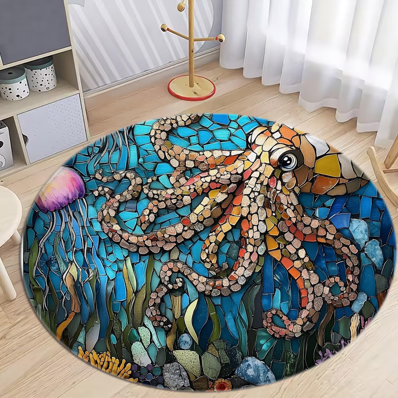 Octopus Underwater World Round Area Rugs,Stained Glass Jellyfish Ocean Teal Blue Sea Creature Nautical MFloor Mats Carpet for Entryway Living Room