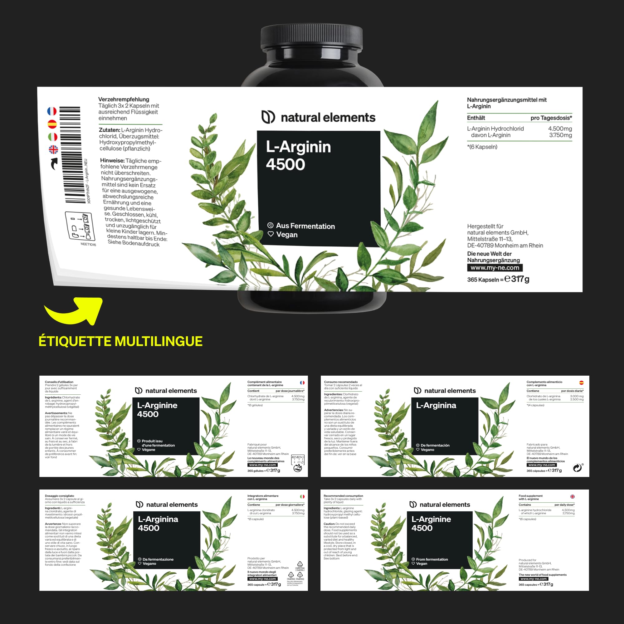 L-Arginine – 365 gélules véganes – 4 500 mg de L-arginine végétale HCL par dose journalière (3 750 mg de L-arginine pure) – hautement dosé – contrôlés en laboratoire