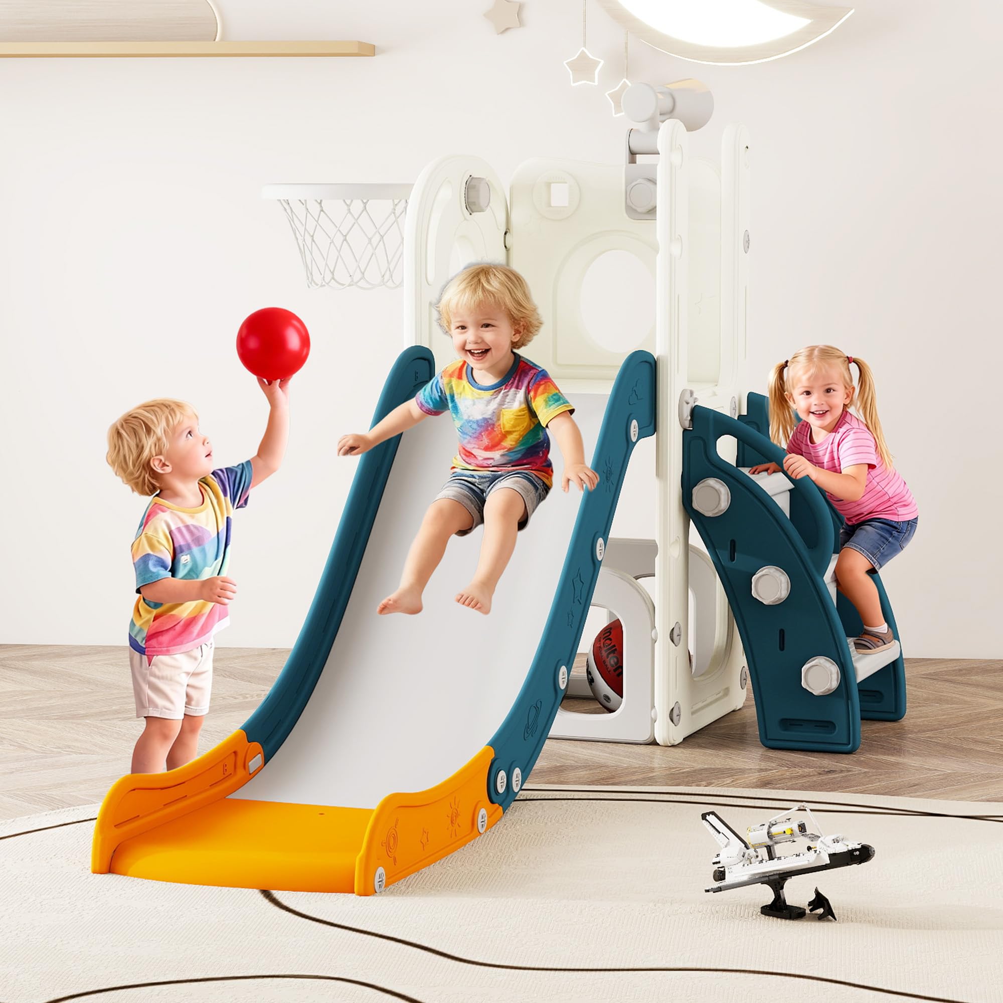 GITAWUSA 6 in 1 Toddler Slide for 1-3, Indoor Outdoor Playset, Kids Slide with Climber, Basketball Hoop, Storage, Telescope, L Shaped Slide (Green