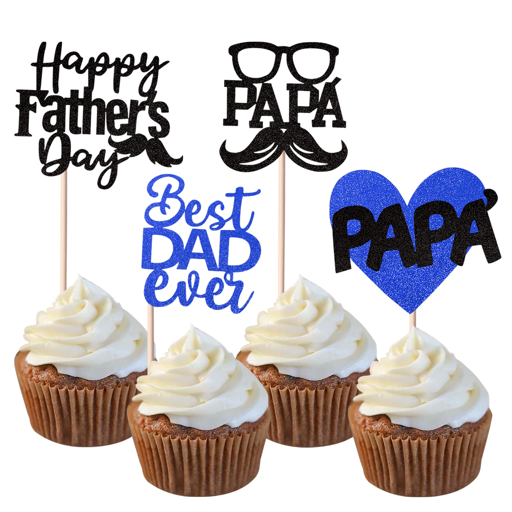 24 Pack Happy Father's Day Cupcake Toppers Glitter Best Dad Ever Cupcake Picks Love Dad Moustache Glass Cake Decorations for Happy Father's day Theme