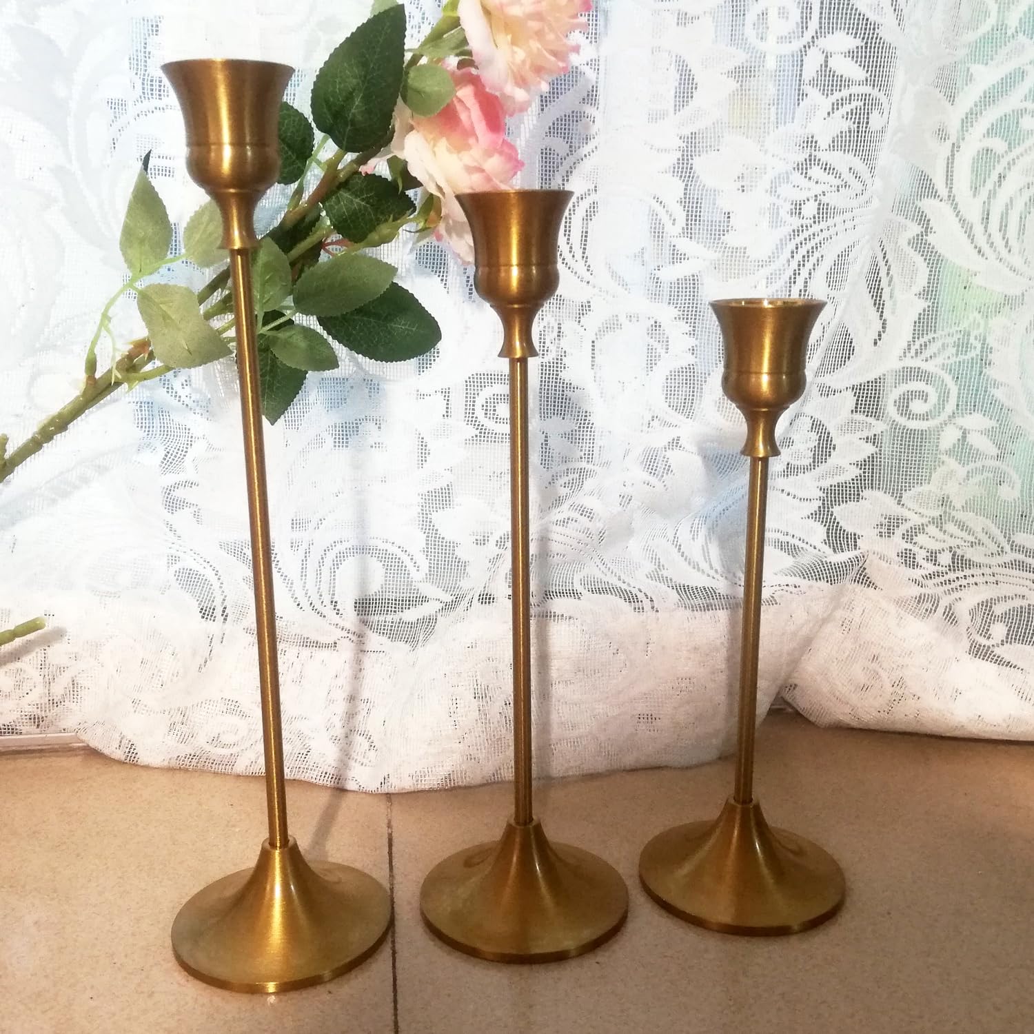 Taper Candle Holders Set of 3, Rustic Metal Candlestick Holder for Wedding, Dining Table, Dinning, Party Centerpiece (Brass)