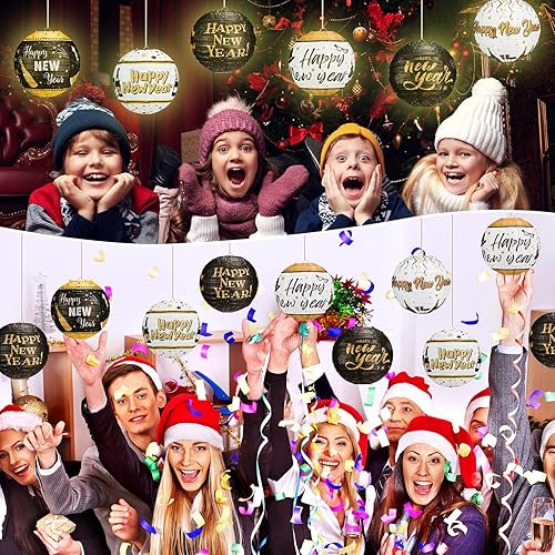 Miniatura 6 de Panelee 12 linternas de papel de Año Nuevo 2025 para decoración de fiesta de Año Nuevo, 8 pulgadas, faroles redondos colgantes negros y dorados,