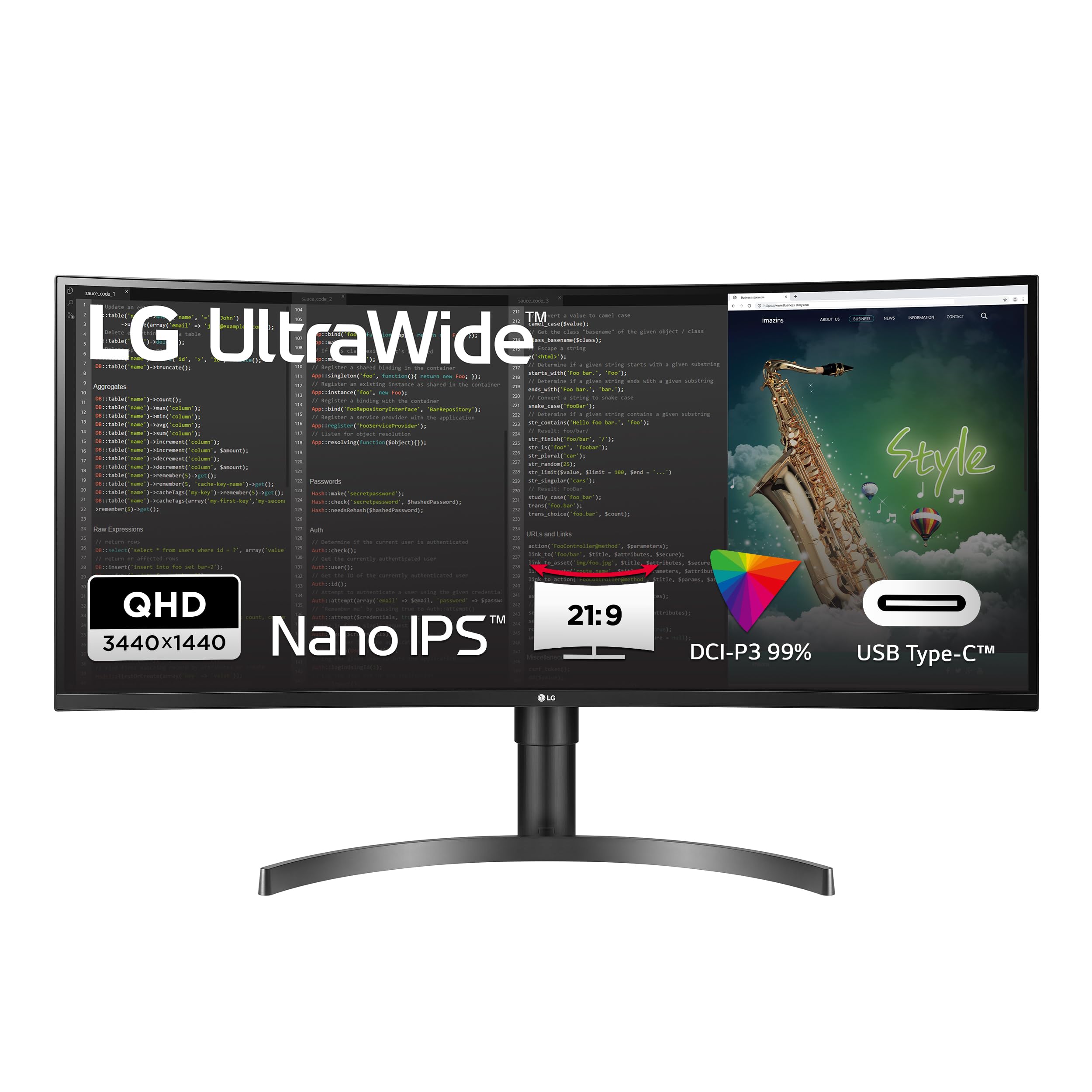 LG, 35 Zoll, UltraWide Curved QHD Monitor 35WN75CP-B 88,9 cm, VA-Panel, HDR10, AMD FreeSync, Schwarz, USB Type C, 5ms GTG Reaktionszeit, Dynamic Action Sync, Black Stabilizer, 21:9 Bildformat