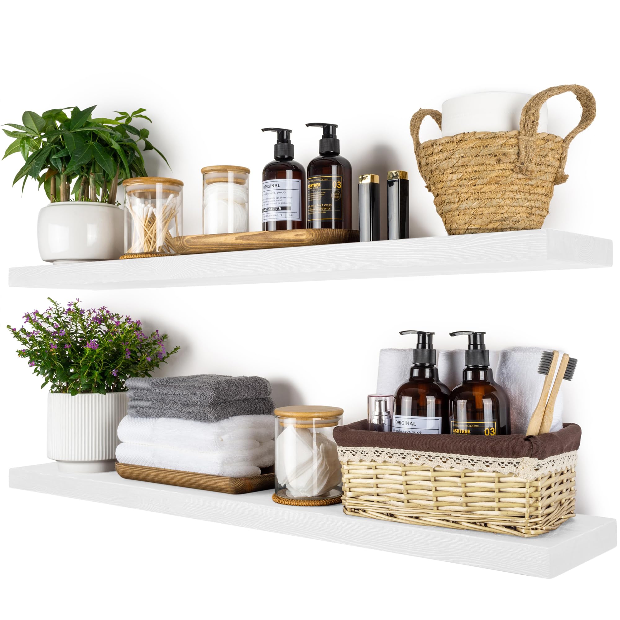 BGMG Wood Floating Shelves 36 inch Long, Wide Rustic Wooden Wall Shelves for Bathroom Living Room Bedroom Kitchen Farmhouse Set of 2-36x6.7x1.25