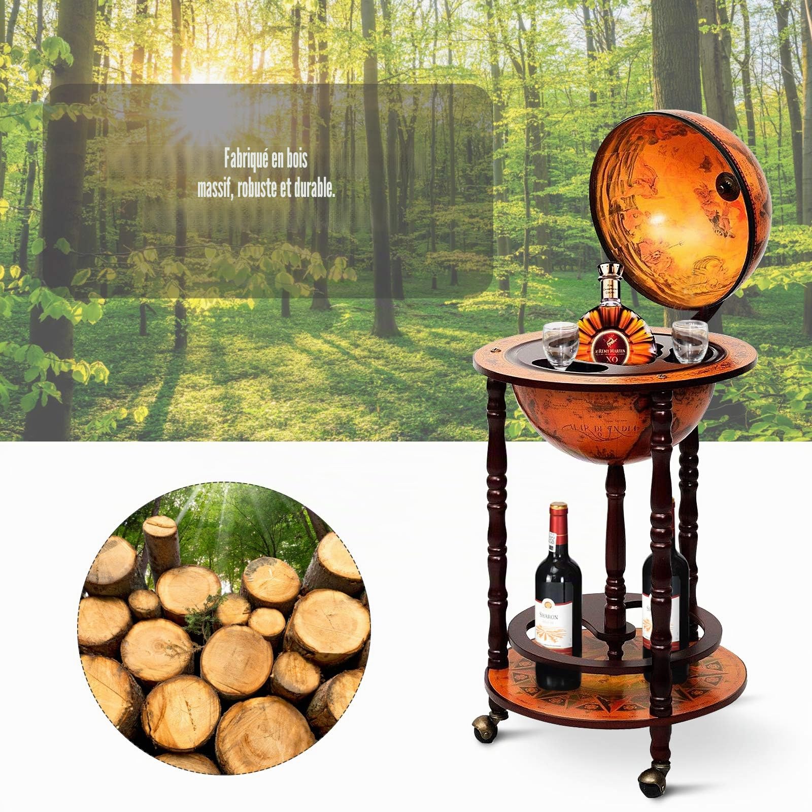 Generisch Bar Globe terrestre en Eucalyptus - Chariot de Bar avec roulettes - Style rétro - pour Verres à vin et Bouteilles de vin (Marron)