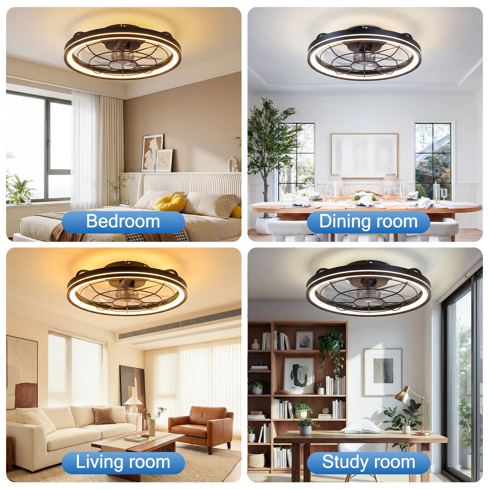 Deckenventilator mit Beleuchtung, dimmbar, Ø48cm, 6 Stufen, 3000-6500K, Fernbedienung & App, Timer, Schwarz