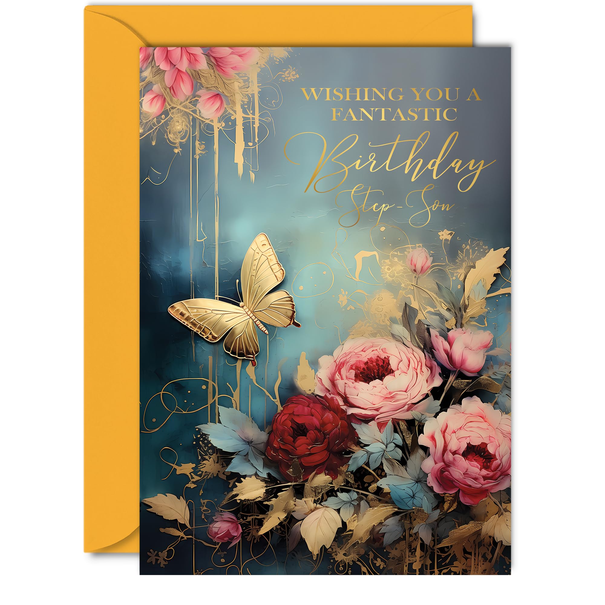 Beautiful Gold Birthday Cards for Step-Son - Wonderful Golden Butterfly - Elegant Traditional Pretty Birthday Card for Step Son from Mum Dad, A5