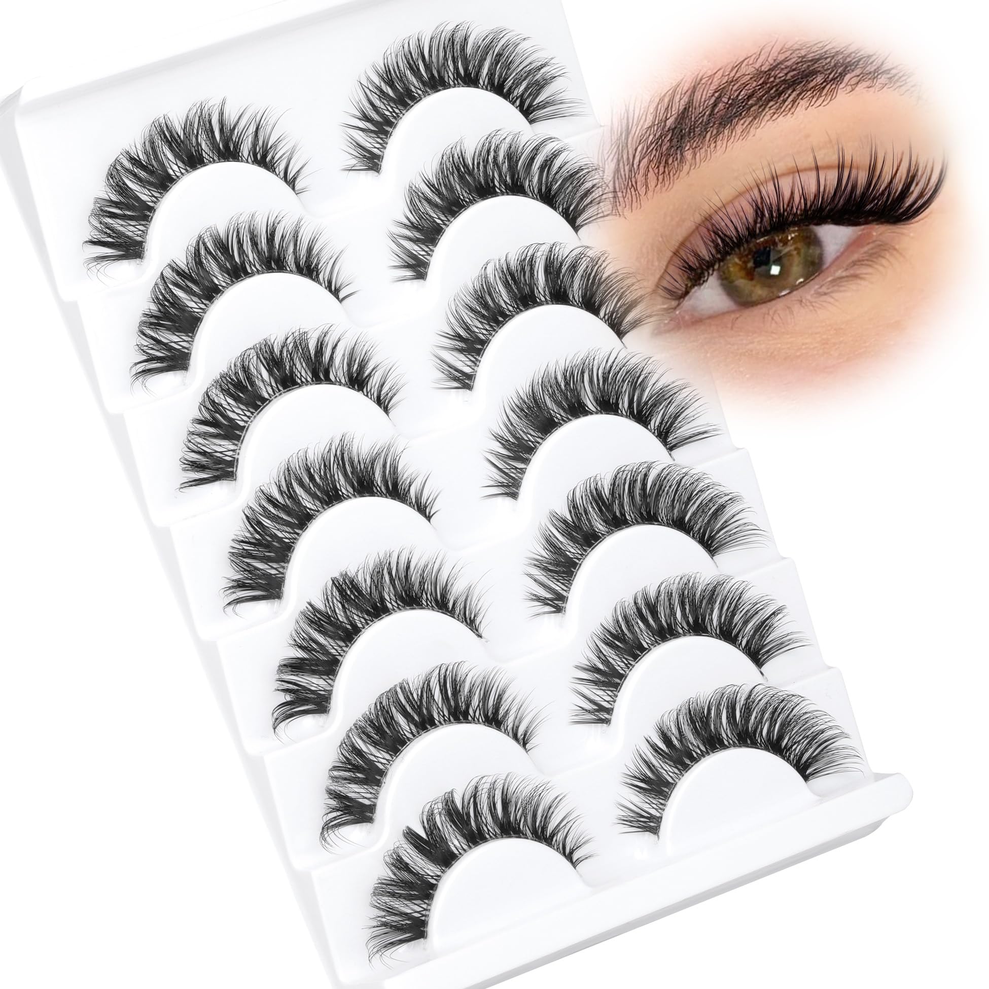 Natural Lashes Wispy False Eyelashes Cat Eye Lashes with Invisible Band Fake Eyelash Fluffy C Curl 7 Pairs 3D Strip Faux Mink Lash ALICROWN