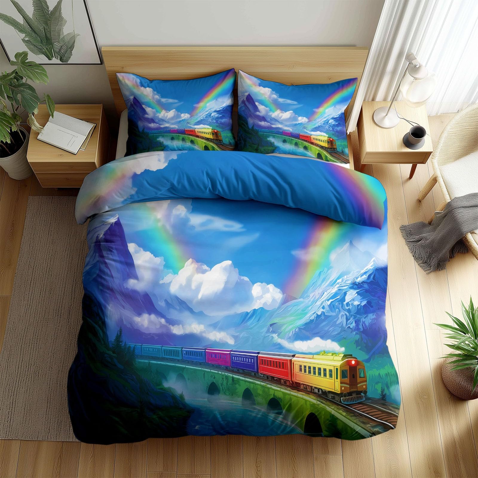 Kinderbuch Regenbogenzug Bettwäsche-Set, 240 x 220 cm Weiche 2D-Game-Art Bedruckte Wendebettwäsche mit Reißverschluss Ganzjahres Bettbezug für Jungen Mädchen Jugendliche Kinder Teens