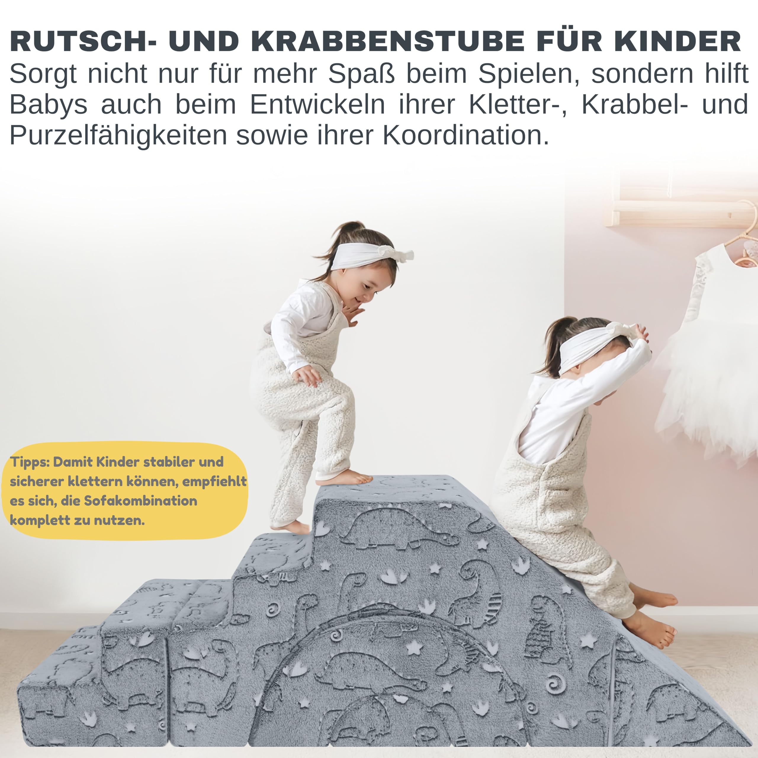 MeMoreCool Nachtleuchtend Klettersofa Grauer Dinosaurier, Modulares Kindersofa mit Rutsche und Treppe, Spielsofa aus Schaumstoff zum Klettern und Krabbeln, Leuchtende Dino-Muster Fuer Jungen
