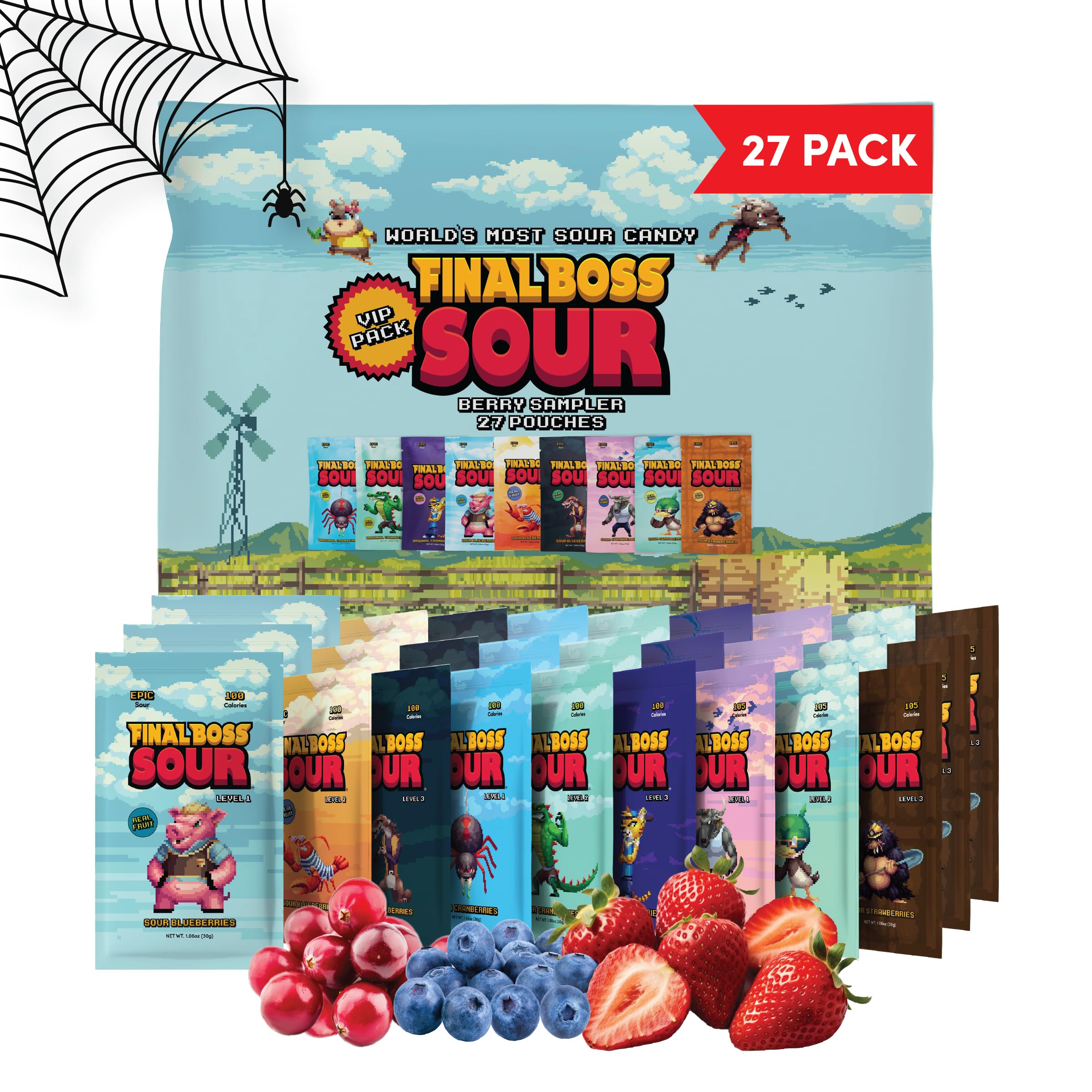 Final Boss Halloween Sour Candy Berry Variety, 27 Pack, All Sour Levels, Extreme Sour Fruit Chews with Real Dried Fruit, No Artificial Colors or Flavors, Low Calorie Snack for Kids, Teens & Adults