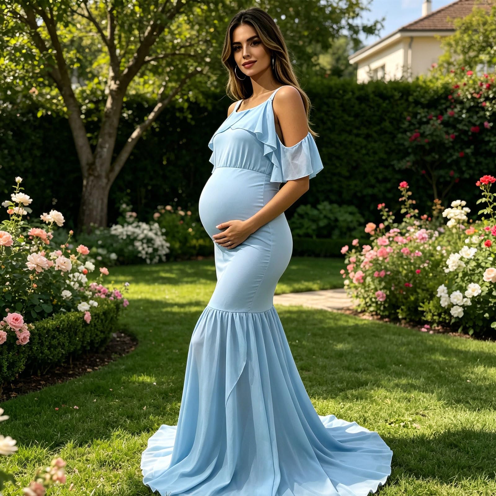 Vestido de maternidad con hombros descubiertos, falda larga de algodón hasta el suelo, para fiesta de embarazo y estudio, vestido de fotos de algodón