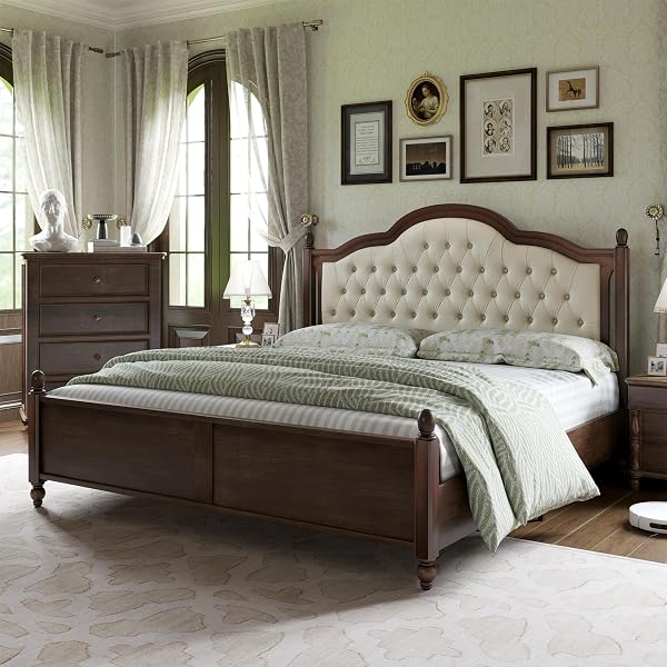 AMERLIFE Solid Wood Bed Frame Upholstered Tufted Headboard
