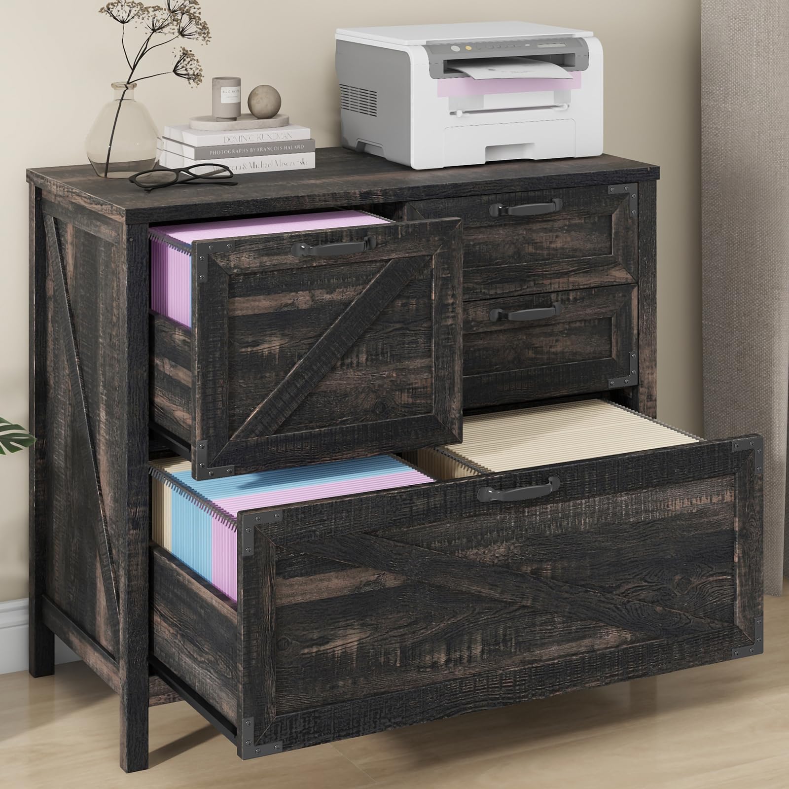 Halitaa Lateral File Cabinet with 4 Drawers Farmhouse File Cabinet for Letter/Legal/A4 Size Hanging Files, Large Wood File Storage Cabinets Printer