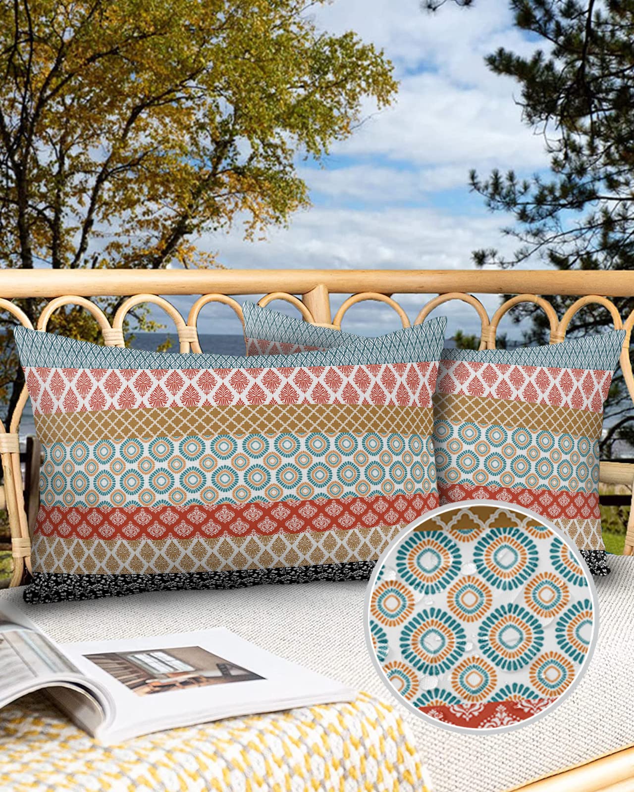 Boho Outdoor Pillow Covers Waterproof, Colorful Striped Ethnic Modern Geometric Abstract Art All Weather Cushion Case Set of 2, Lumbar Pillowcase for Sofa Couch Bed Decor Patio Furniture 20