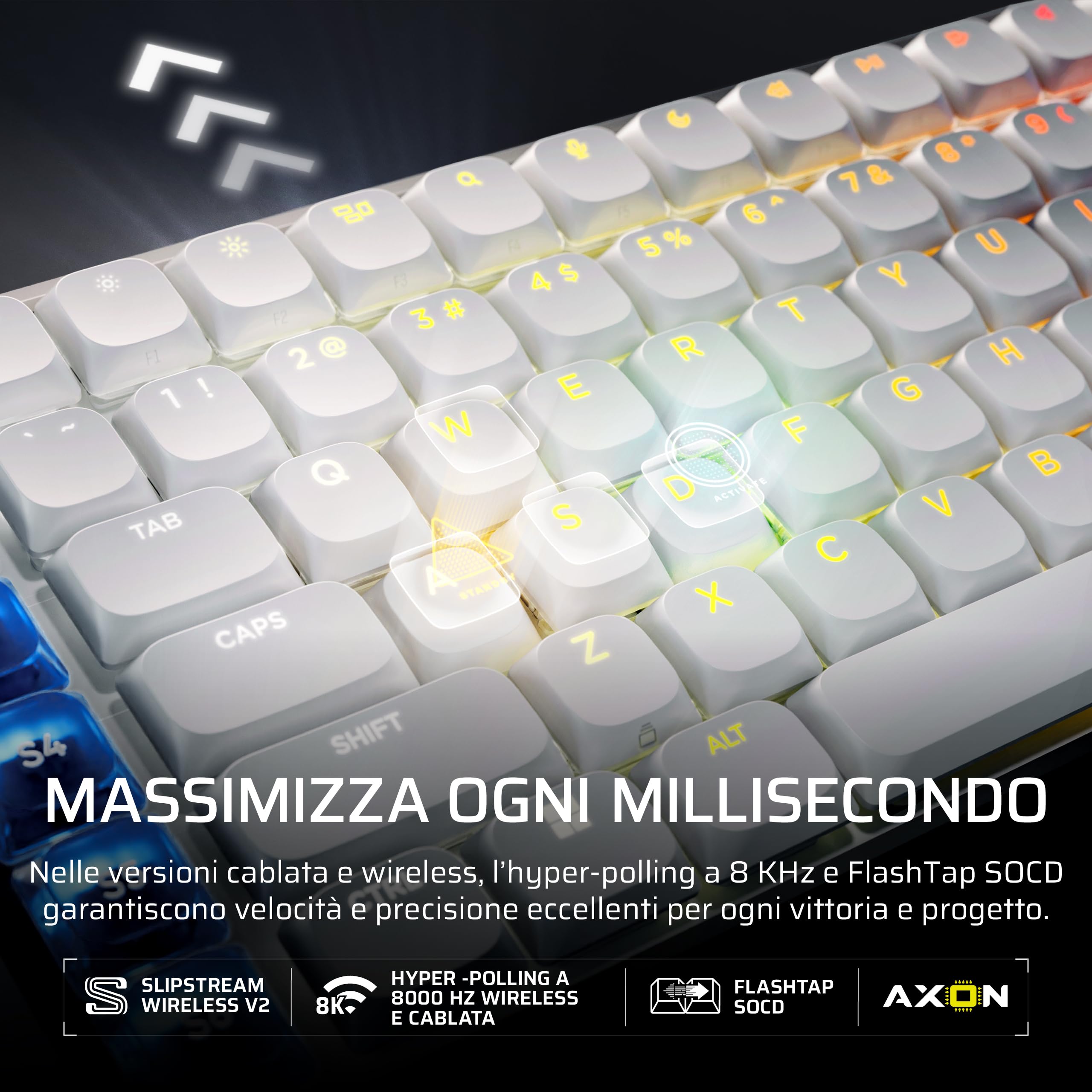 Corsair VANGUARD AIR 99 WIRELESS Tastiera Da Gioco a Basso Profilo – Bianco | Ottico-Meccanica RGB, QWERTY IT, Layout al 99%, Interruttori OPX, Polling 8000 Hz, Integrazione Stream Deck, Flashtap SOCD
