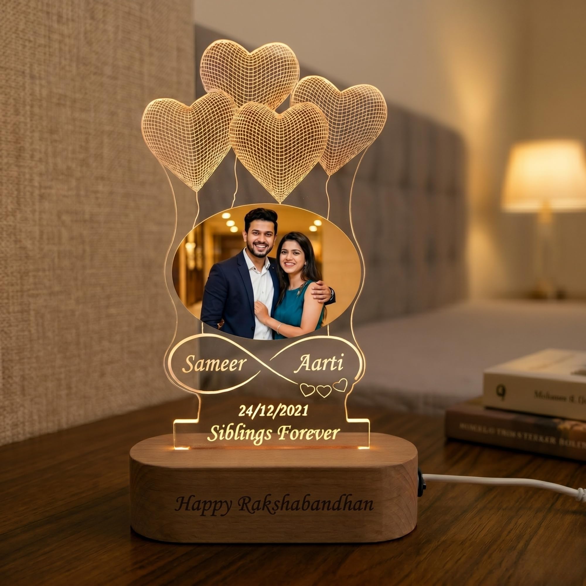 SHAYONA Acrylic Photo Lamp with Heart Balloons,Custom Couple Night Light with Name & Date,Romantic Anniversary, Wedding, Valentine Gift, Multicolor LED Table Lamp Brother Sister