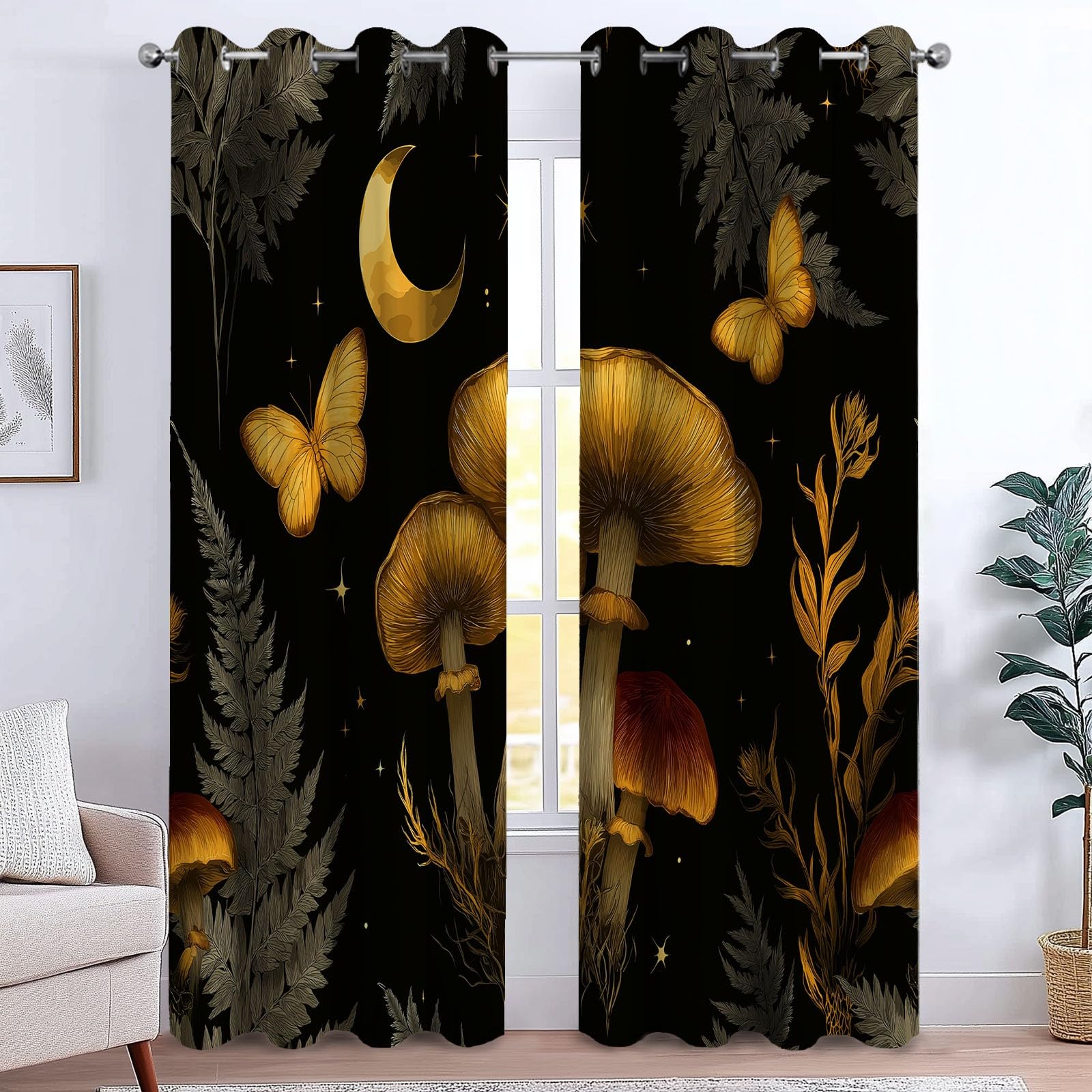 Generisch Traum Pilz Pflanze Schmetterling 2er Set Verdunkelungsvorhänge mit Ösen, Ländlicher Stil Blickdicht Thermo Isoliert Vorhänge für Wohnzimmer & Schlafzimmer, HxB 214 x 91.5 cm