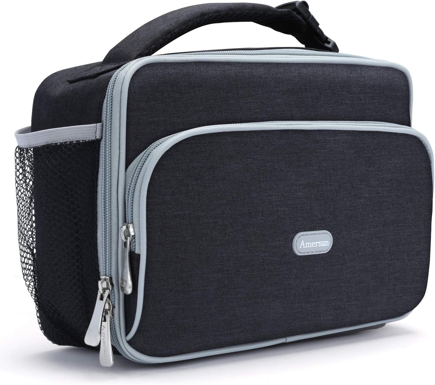 Amersun Kids Lunch Box, Insulated School Lunch Bag with Padded Liner Keep Food Warm Cold for Long Time,Water-resistant Thermal Travel Office Lunch Cooler for Girls Boy-2 Pocket,Black