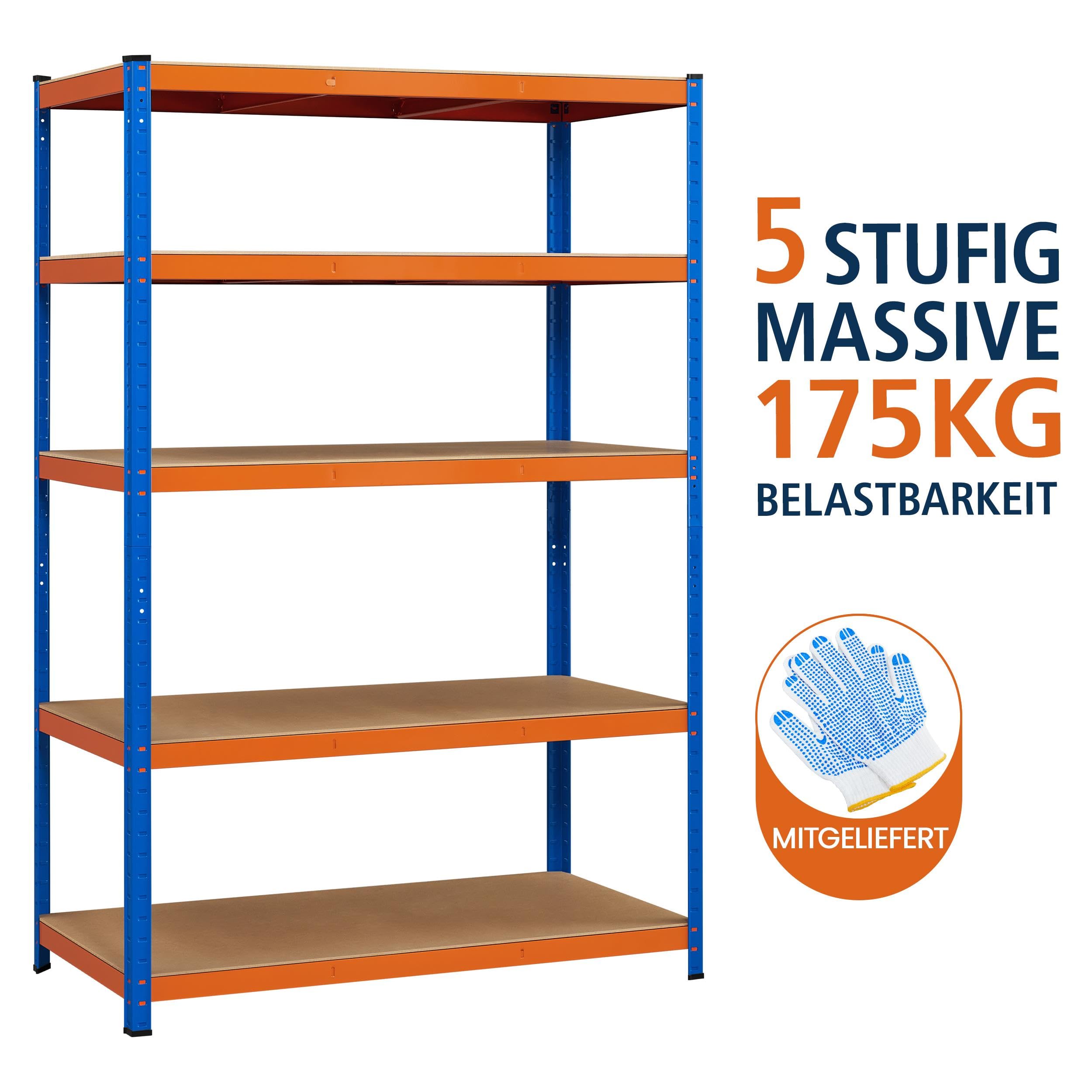 Yaheetech 2 x regał magazynowy 180 x 120 x 60 cm, regał do piwnicy, 875 kg, regał wtykowy, niebieski, 5 płyt MDF, regał warsztatowy, do dużych obciążeń, pomarańczowy, niebieski