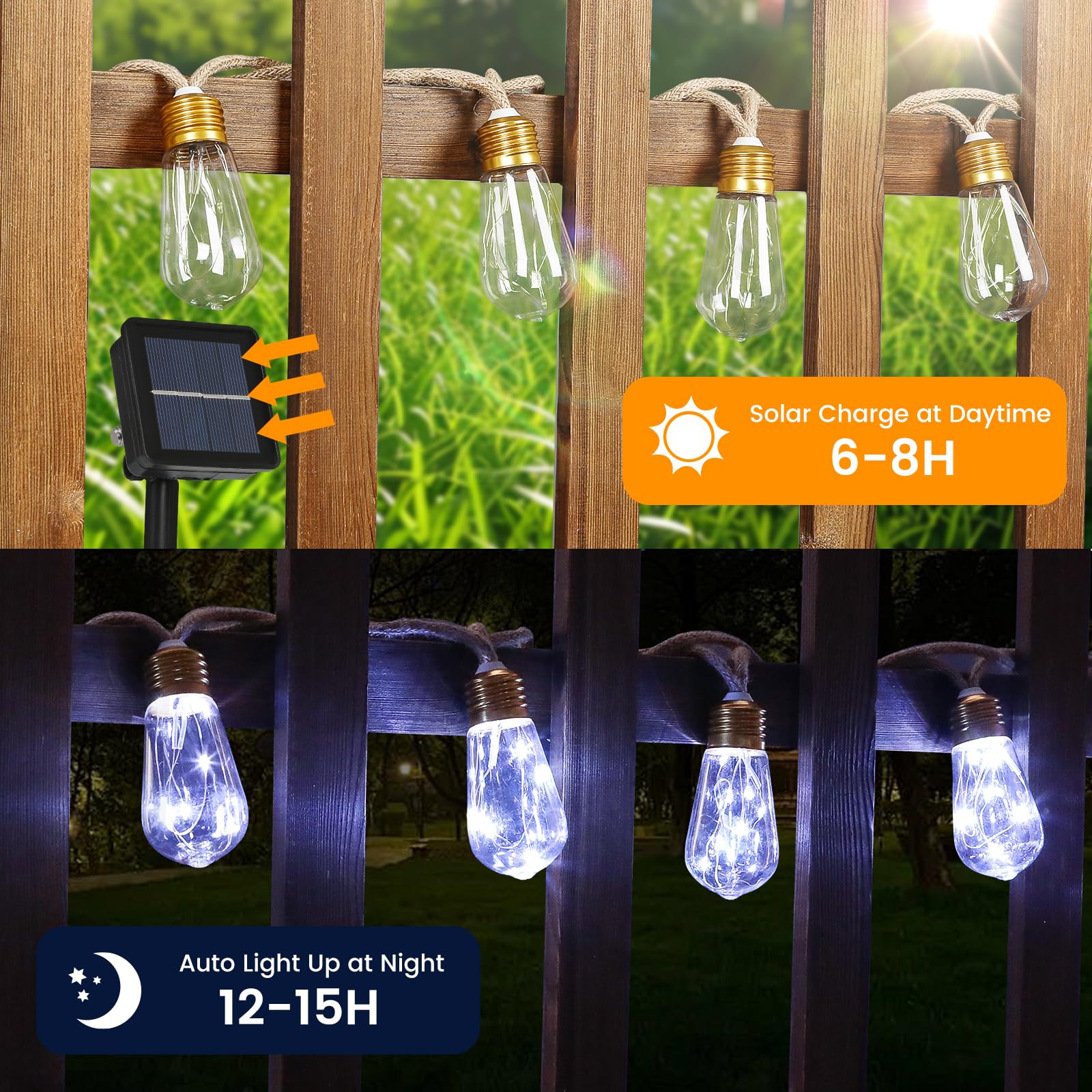 Guirnalda de luces solares para exteriores, cuerda de cáñamo vintage de 24 pies con 20 bombillas inastillables, impermeables, 8 modos de luces solares para patio, jardín, valla, balcón, camping