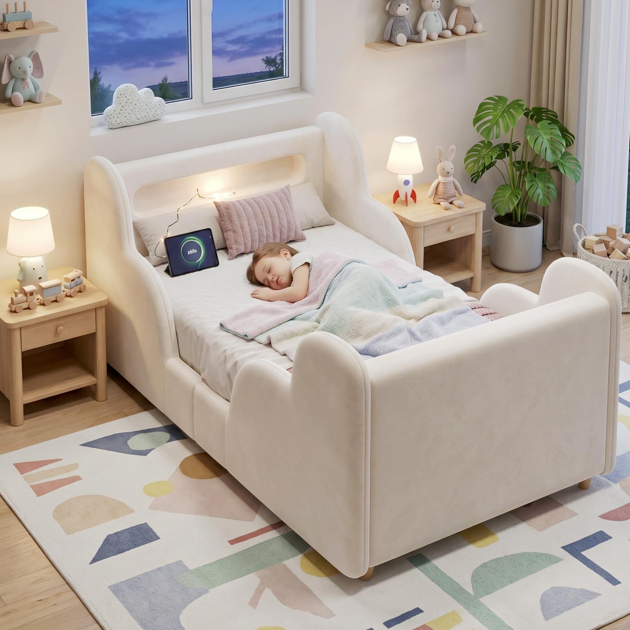 Cama acolchada para niños de 90 x 200 cm, cama individual con barandilla protectora, con luz nocturna y puerto de carga USB y compartimentos de almacenamiento, patas de cama de madera maciza