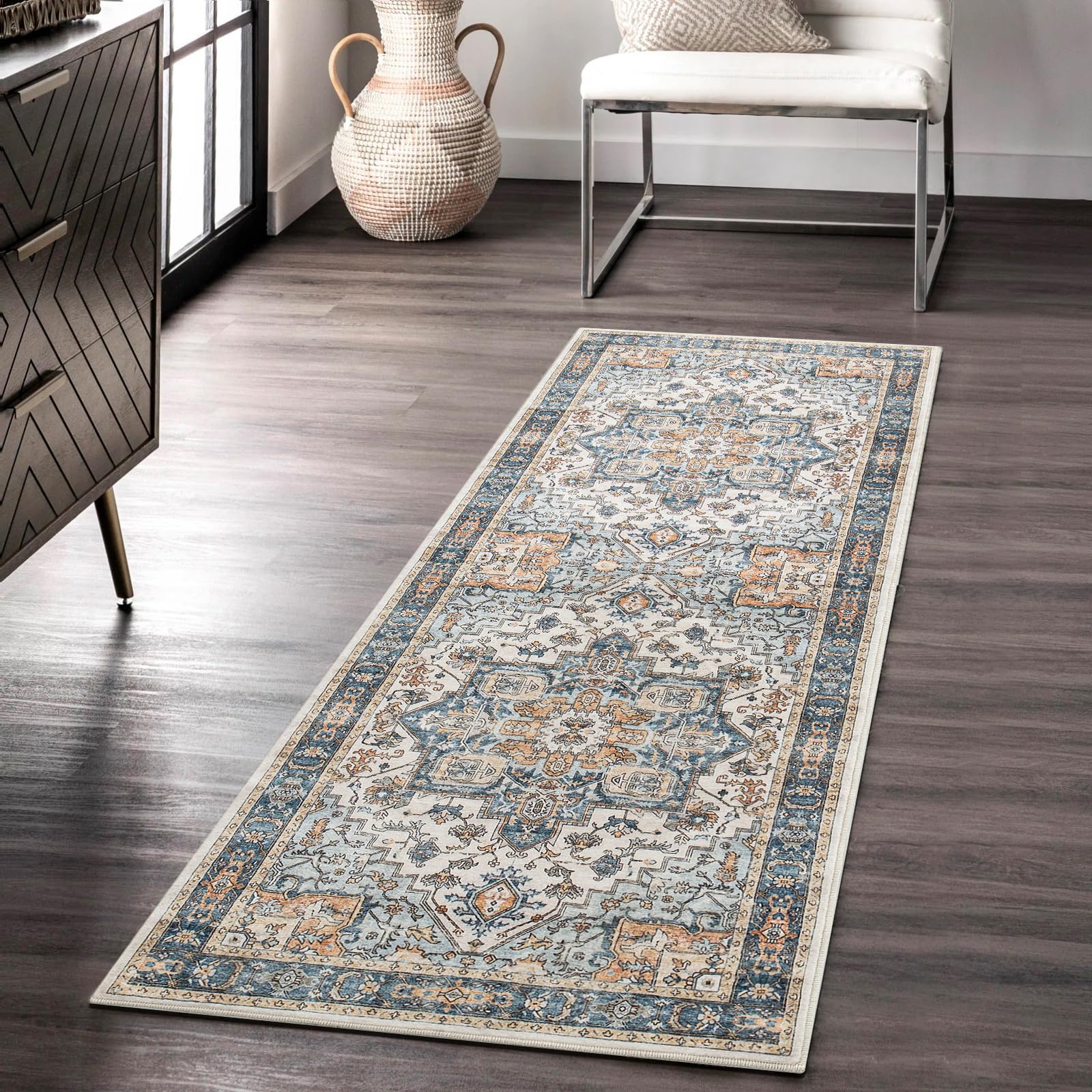 Carvapet Alfombras de Pasillo Larga 60x180cm Alfombra Corredor Antideslizante Azul Alfombras de área Lavable Suave Microfibra Medallón Vintage Alfombra Comedor Pasillo
