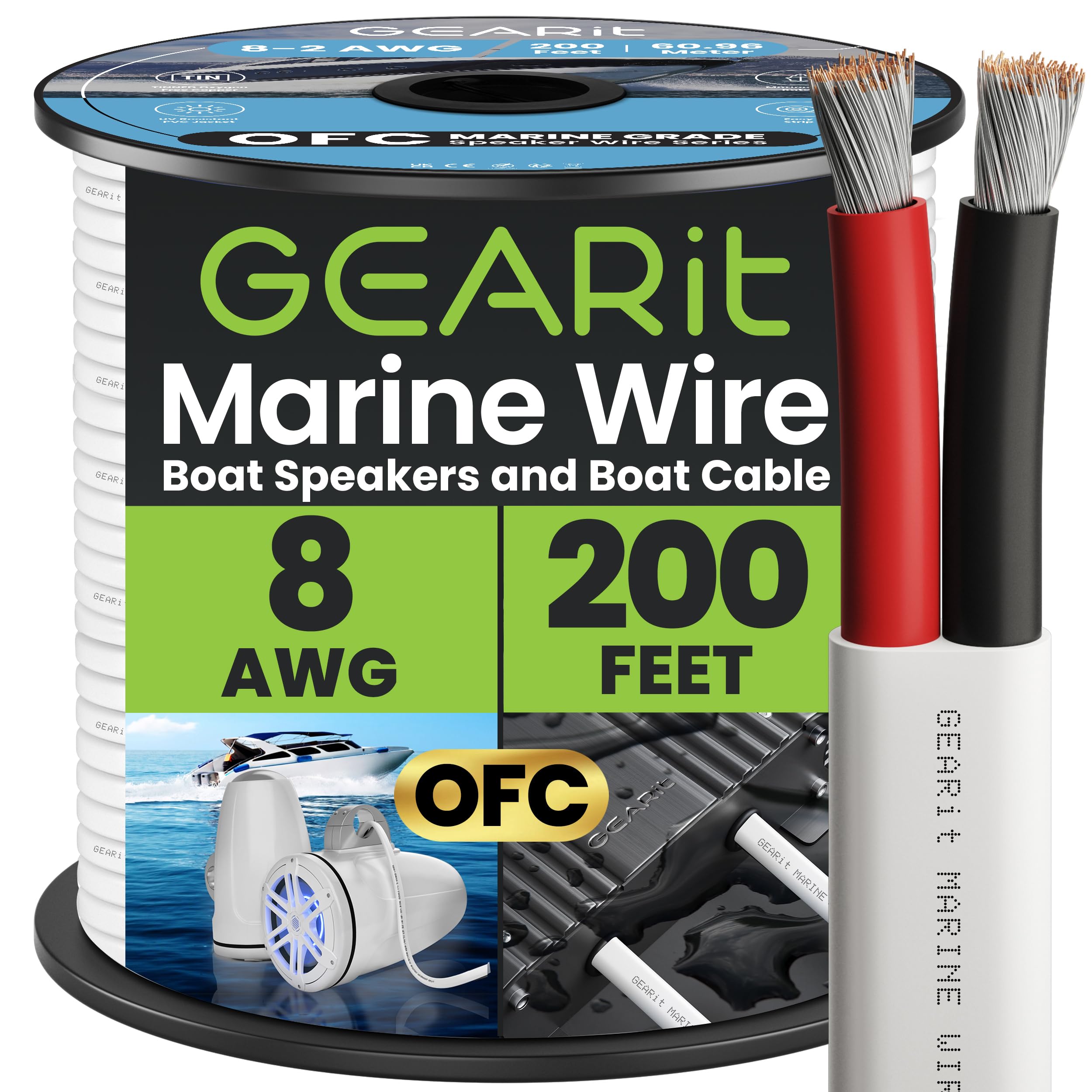 GEARit 8 Gauge Marine Wire, 8/2 AWG (200ft) Marine Grade Tinned Copper Oxygen Free, Duplex 2-Conductor Insulated Red & Black Electrical Cable for Boat, Automotive, RV, Camper, Trailer