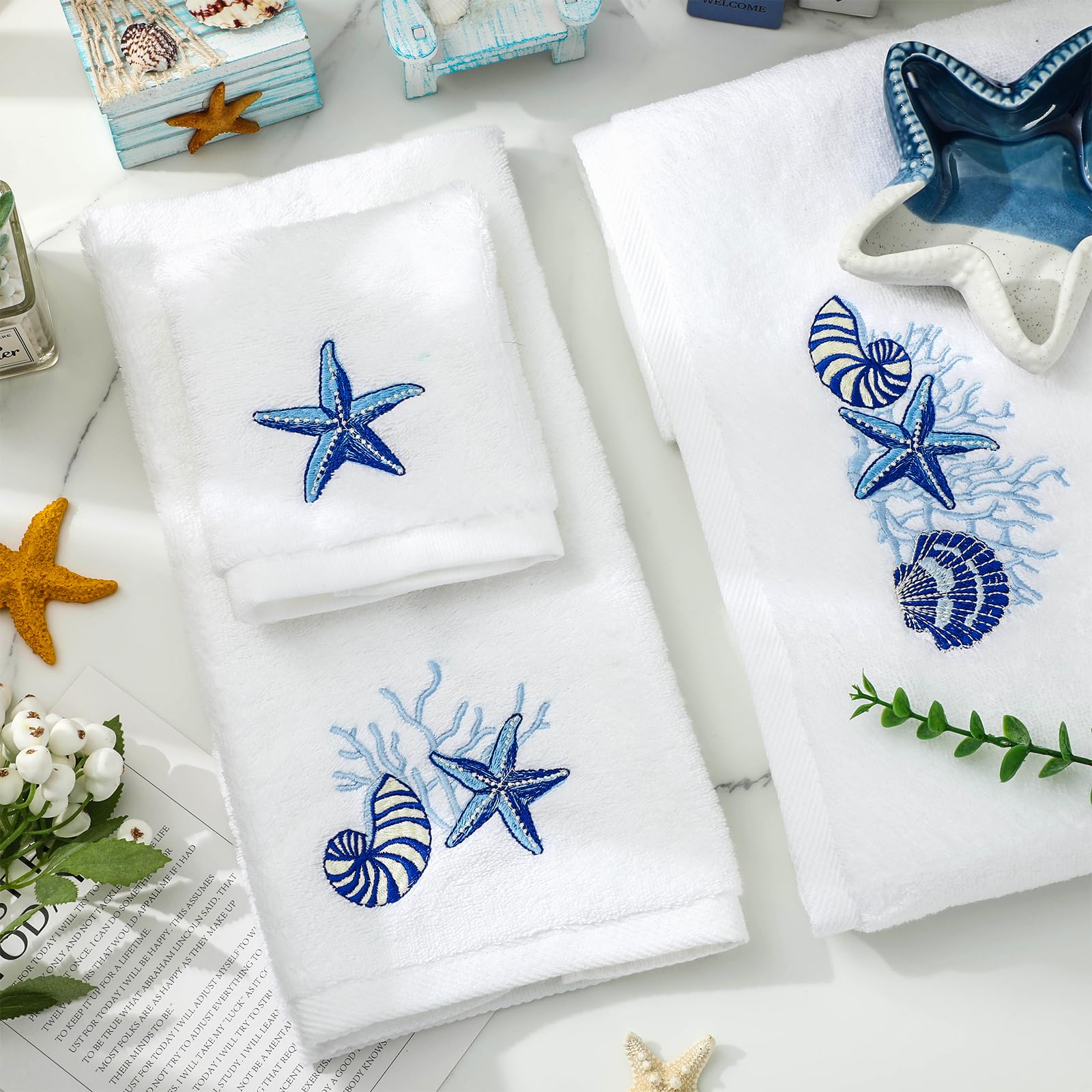 JarThenaAMCS Ocean Badetücher Set mit 3 bestickten Baumwoll-Badetüchern Muschel Seestern Koralle Sommerhandtuch Waschlappen zum Händetrocknen Duschzubehör