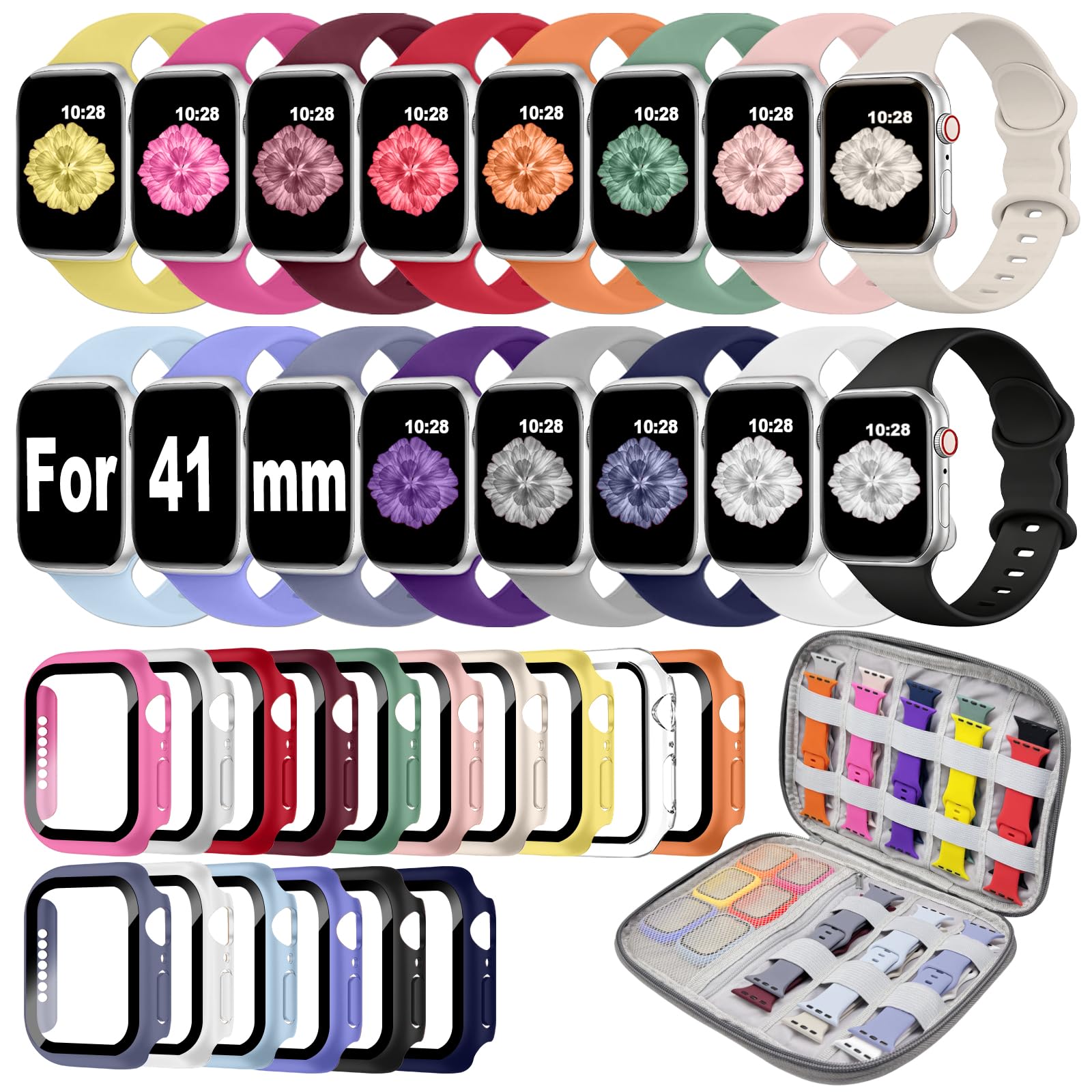 Photo 1 of 16 Pack Band Compatible with Apple Watch Bands 40mm 41mm 42mm 44mm 45mm 46mm for Women Men, Screen Protector Case Band&Organizer for iWatch Series 11 10 9 8 7 6 5 4 SE?Please select the correct size?