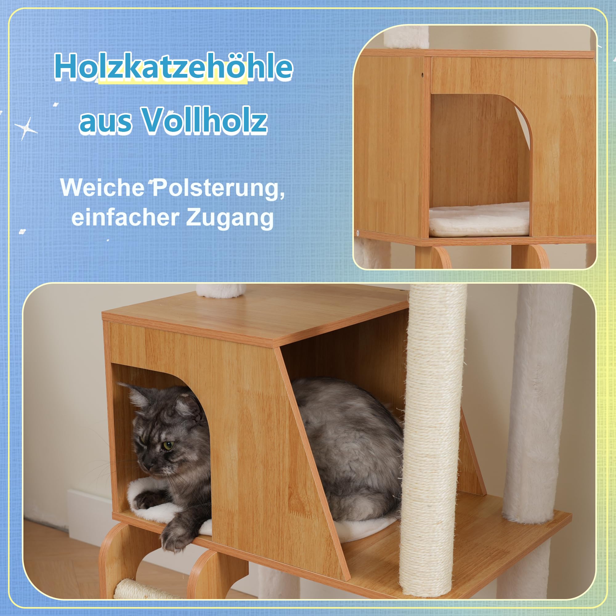 Hey-brother Árbol para Gatos de Madera Moderno, Rascador para Gatos 184 cm, Multinivel Estable con Plataformas Grandes, Hamaca, Cueva para Gatos, Máquina Peinadora y Escalera, Nogal MPJ121WB