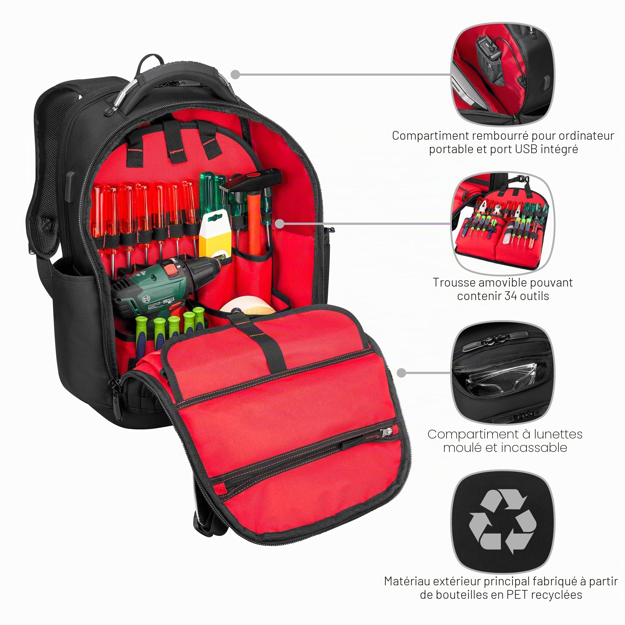 WENGER Tool Backpack Sac à dos à outils avec compartiment pour ordinateur portable - Sac à dos de travail pour artisans - Organiseur d'outils (sans outils) - Noir