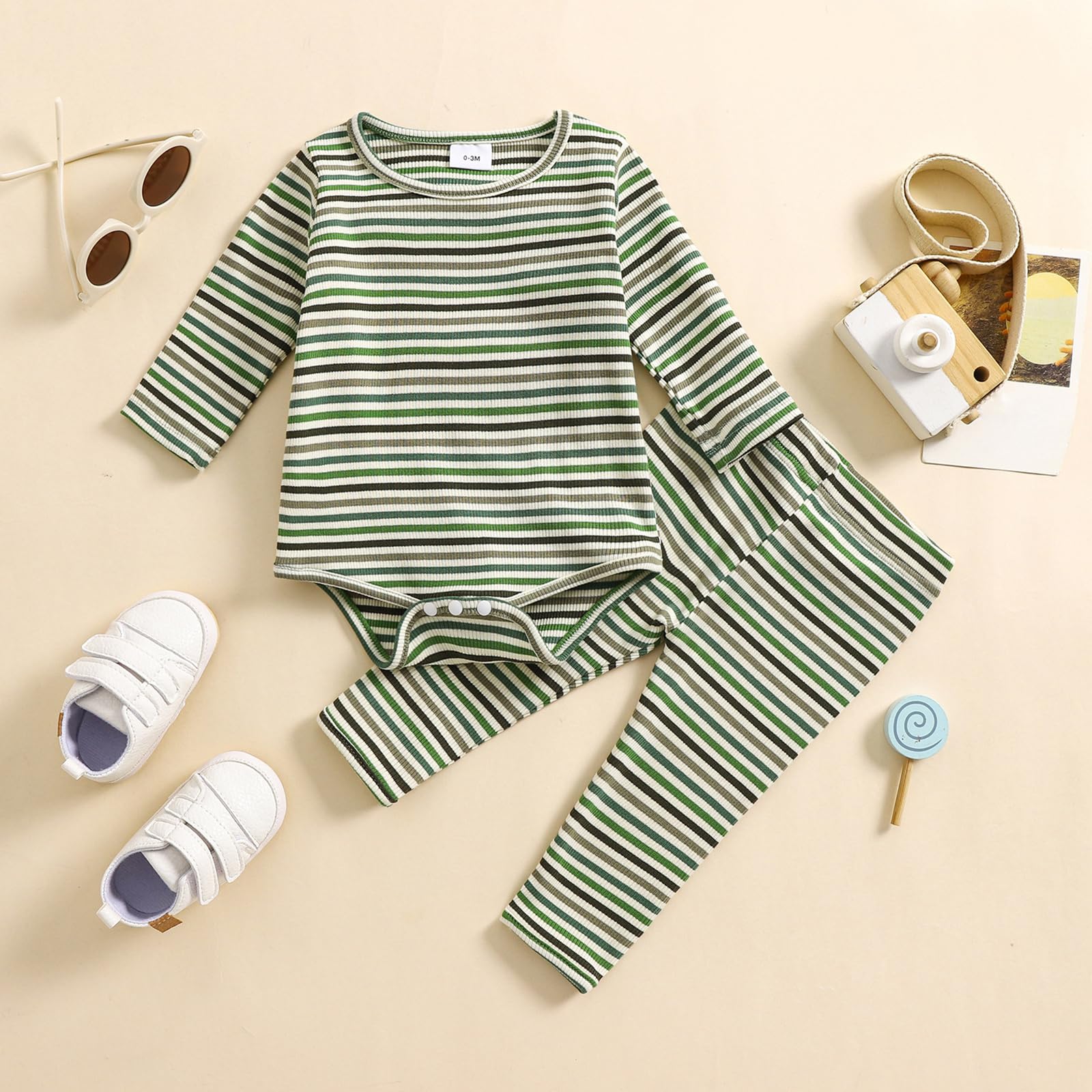 Mialoley Striped Outfit Newborn Baby Boy Girl Fall Winter Ribbed Knitted Clothes Long Sleeve Stripes Print Romper Pant Sets (01 Green, 3-6 Months)