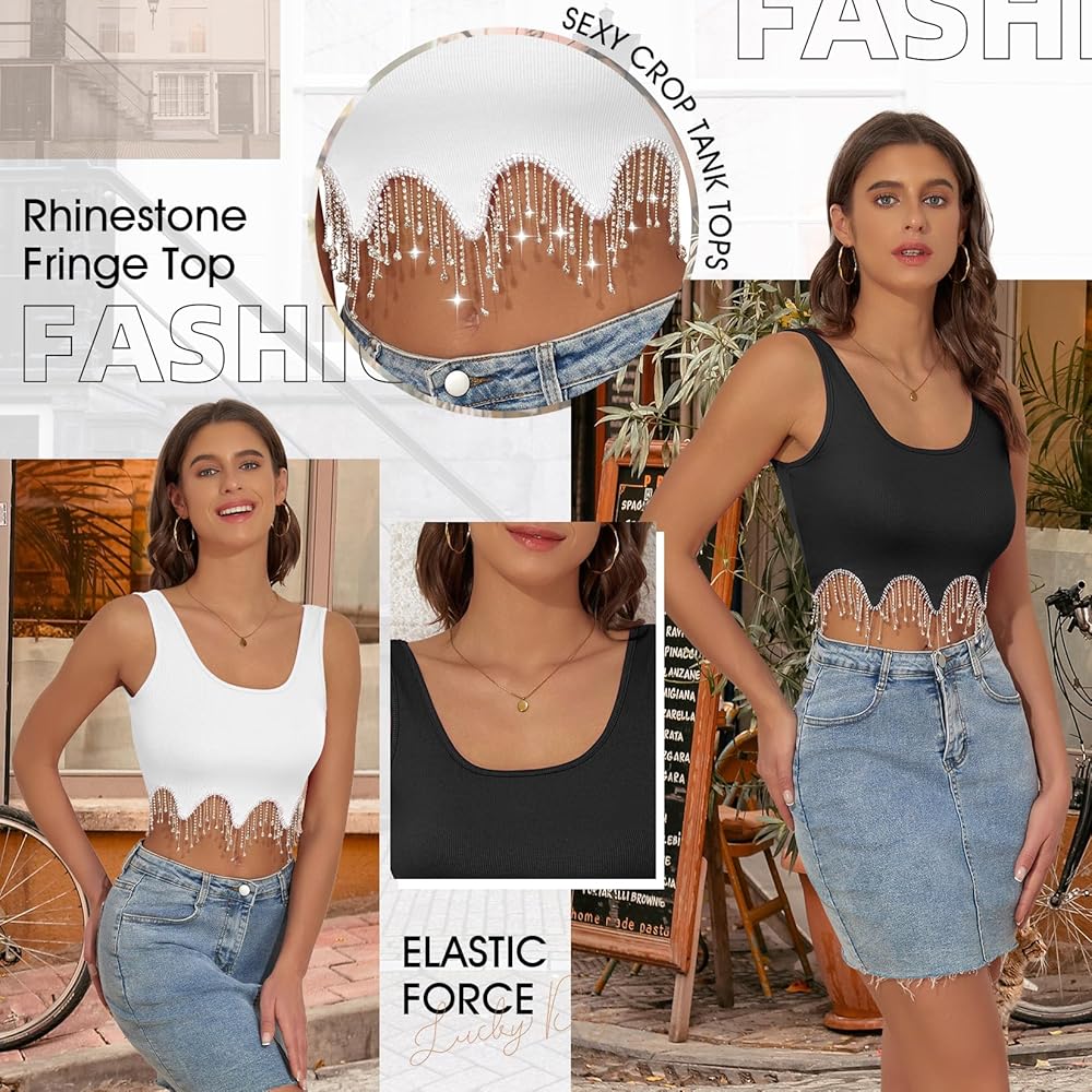 Century Star Crop Tank Tops for Women Rhinestone Fringe Top